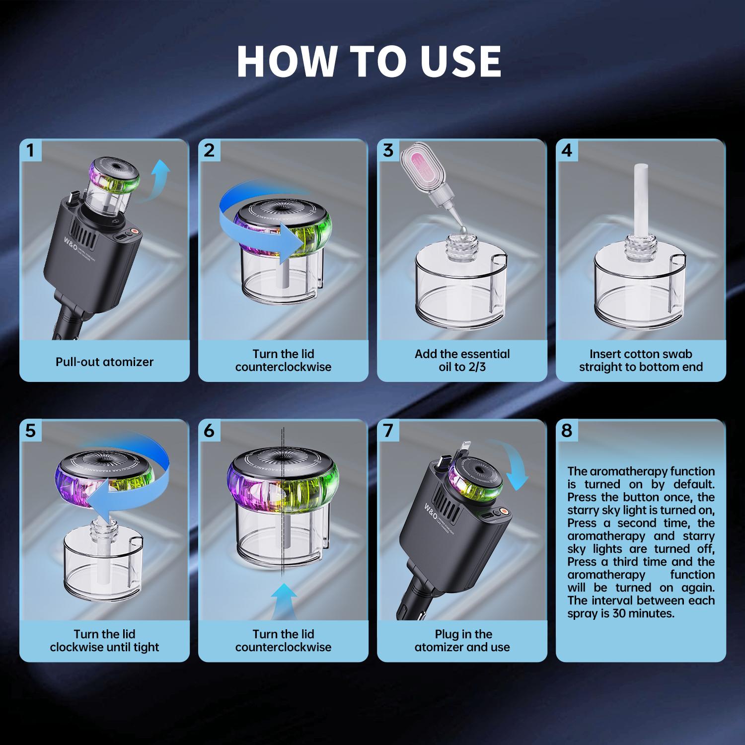 W&O 5-in-1 Smart Car Charger with Car Air Aromatherapy Diffuser-Free, Plant Extract Formula for Mothers and Youngsters, Vehicle & Travel, Features Intelligent Sensing & Atmosphere Lighting, Car Air Freshener Starlight Headliner Car Charger