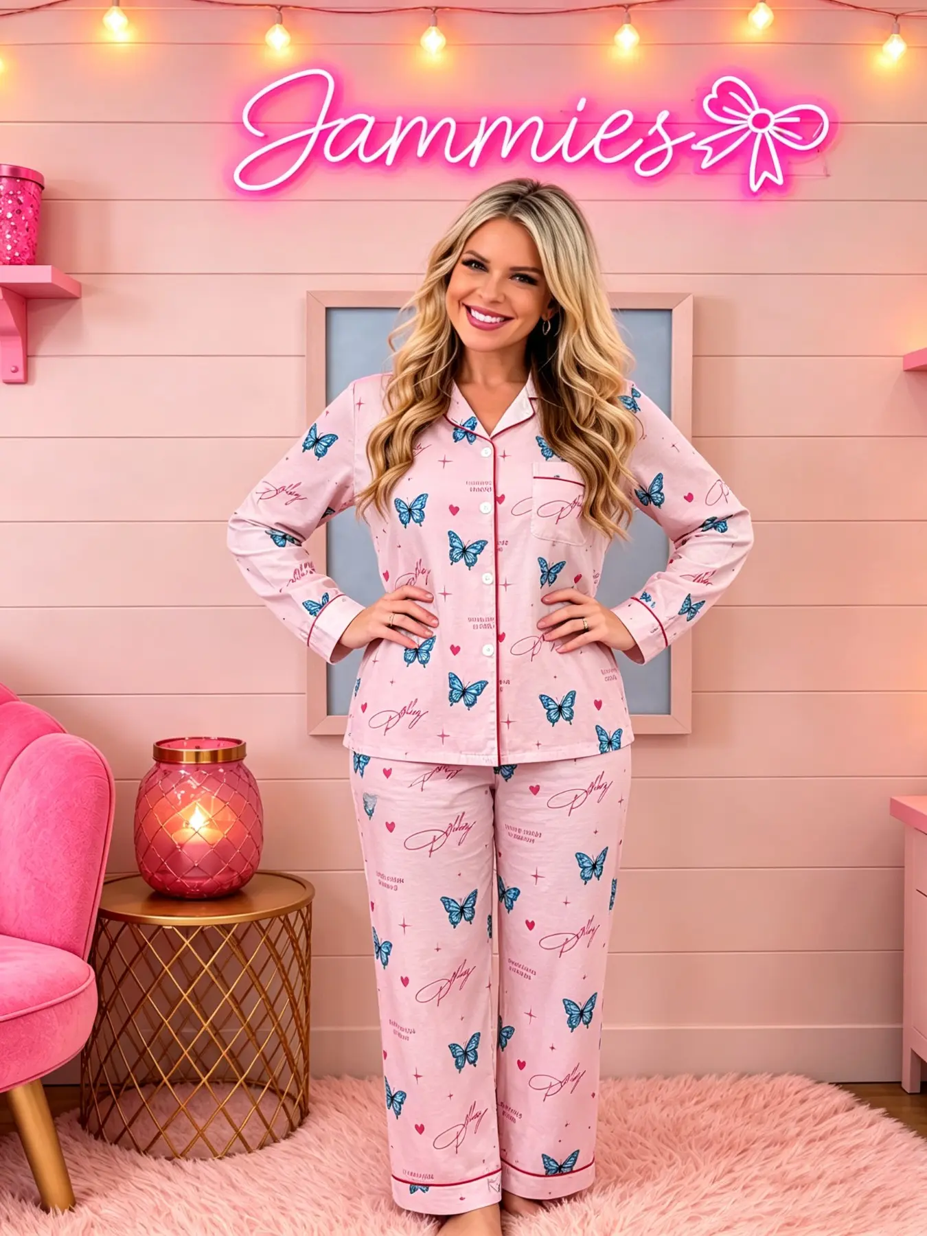 Blue Bow Dolly Pajama Set, Vintage Sleepwear, Long Sleeve, Loungewear Set, 2-Piece Long Sleeve Button Home, Retro Comfortable Gift for Women