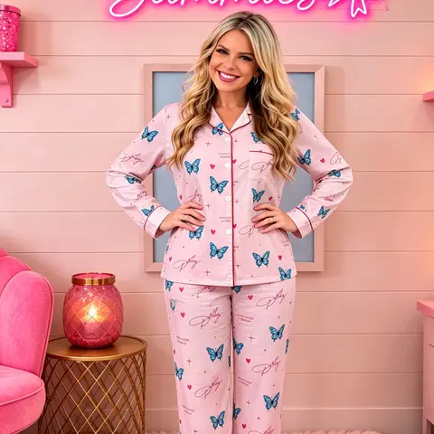 Blue Bow Dolly Pajama Set, Vintage Sleepwear, Long Sleeve, Loungewear Set, 2-Piece Long Sleeve Button Home, Retro Comfortable Gift for Women