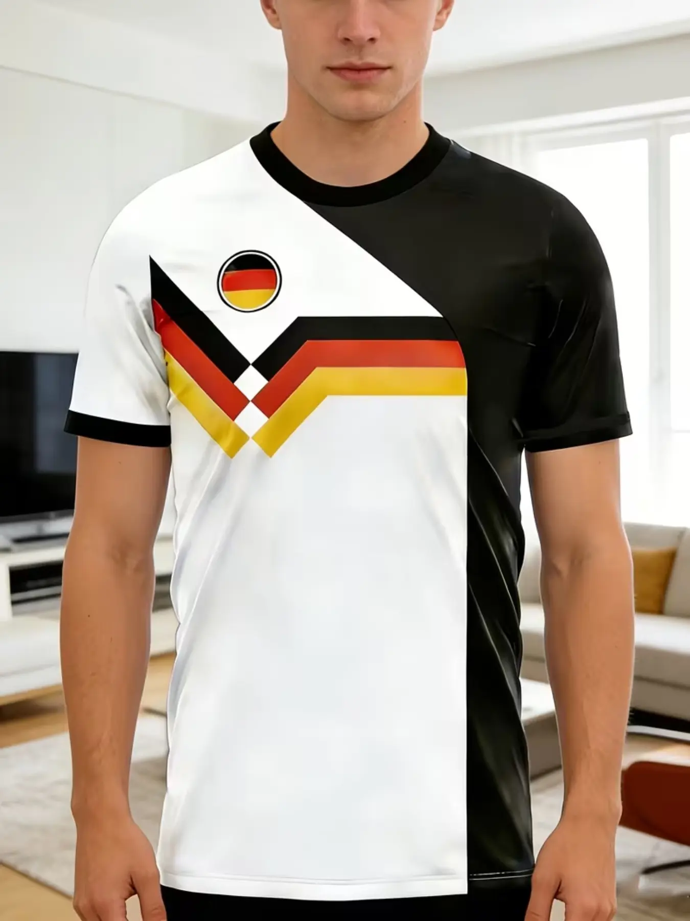Men's Sporty Round Neck Germany Flag Print T-Shirt, Loose-Fitting Long Sleeve, Breathable Fabric, Ideal for Outdoor Activities