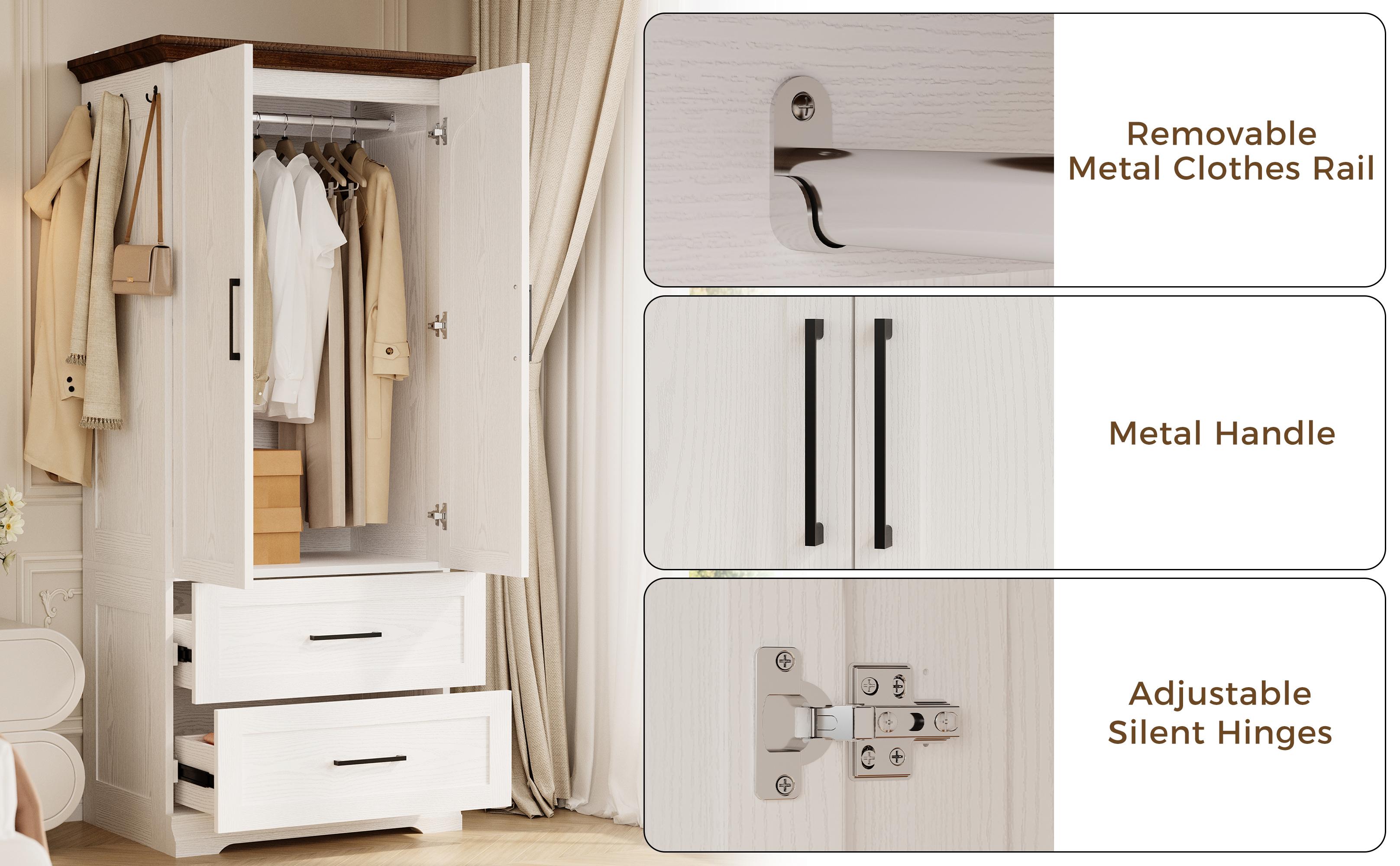 LIKIMIO Armoire Wardrobe Closet 70.9" H,with 2 Doors & 2/3 Drawers,Bedroom Wooden Wardrobe with 3 Hooks & Hanging Rod,Freestanding Closet System