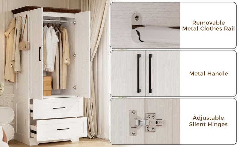 LIKIMIO Armoire Wardrobe Closet 70.9" H,with 2 Doors & 2/3 Drawers,Bedroom Wooden Wardrobe with 3 Hooks & Hanging Rod,Freestanding Closet System