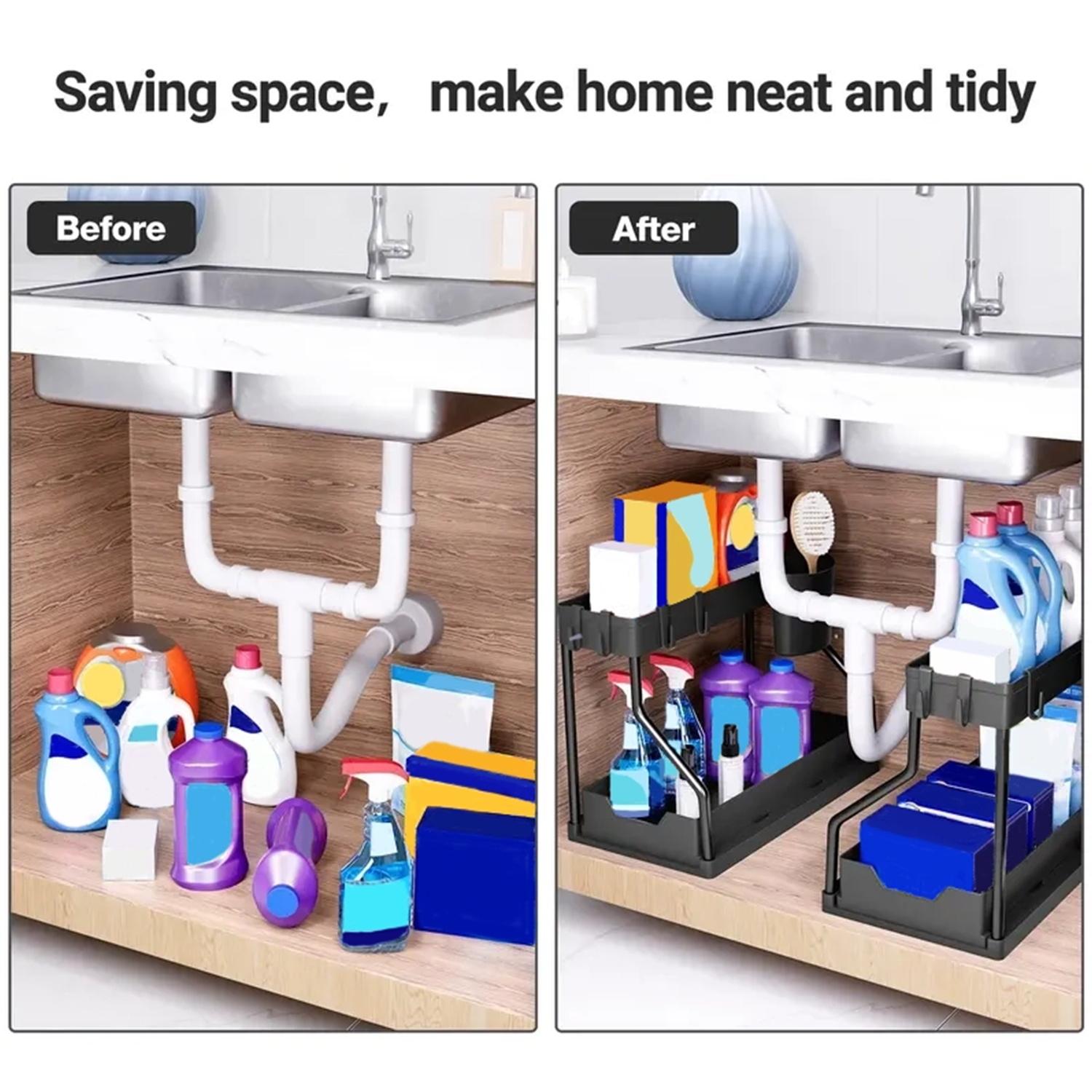 2 Layer Pull Out Storage Rack, Large Capacity Adjustable Dividers Drawer Organizer, Kitchen and Bathroom Storage Rack, Double Tiers Cutlery Holder, Drawer Dresser Organizer, Kitchen Sink Rack, Bathroom Organization