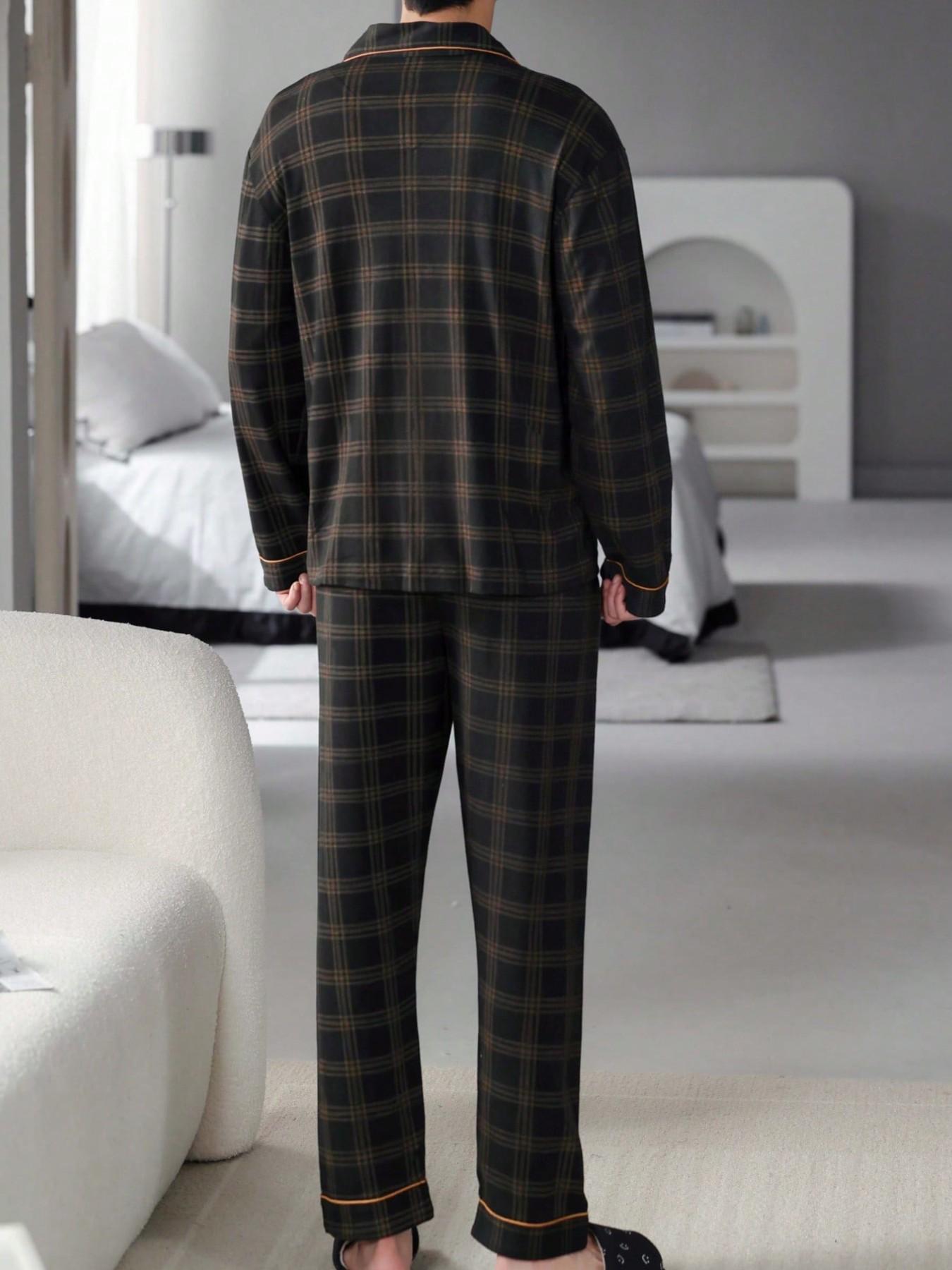 Men's 2-Piece Top and Pants Sleepwear Loungewear Set, Long Sleeve Plaid Checked Colorblock Pajamas, Loose-Fit Casual Spring & Fall Home Clothes, Comfortable Nightwear, Casual Comfy Pajama