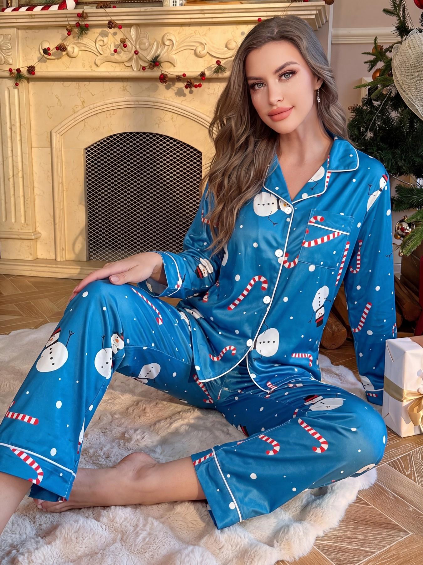 Women's Christmas Pajama Set, Casual Loose-Fit Long Sleeve Top & Pants, Fashionable Collared Home Wear, Fall & Winter Sleepwear