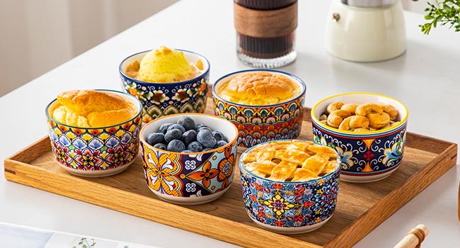 vancasso 4/6/8 Oz Ramekins Oven Safe Set of 6, Bohemian Creme Brulee Ramekins, Colorful Souffle Dishes, Pudding Custard Cups for Baking, Small Ceramic Bowls for Dipping Sauce, Ice Cream Porcelain Dinnerware