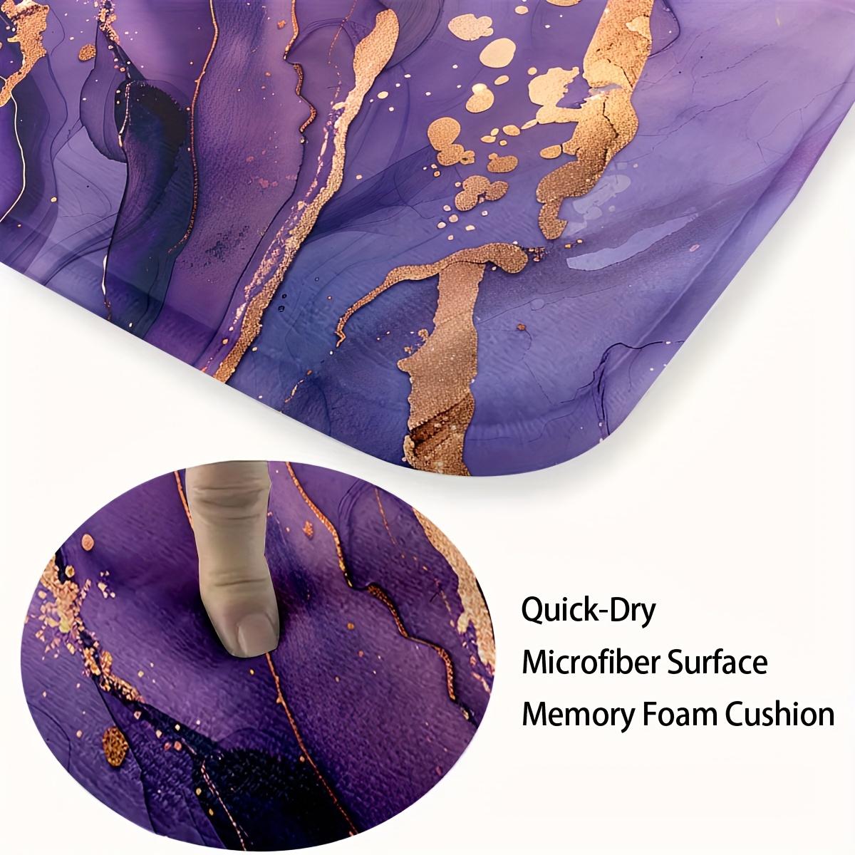 3pcs Purple Marble & Golden Flannel Bathroom Mat Set - Non-Slip, Soft, 100% Polyester, Modern Design - Includes U-Shaped Toilet Mat, Toilet Lid Cover & Rectangular Rug - Stylish Home Decor Accessories, Bathroom Deco