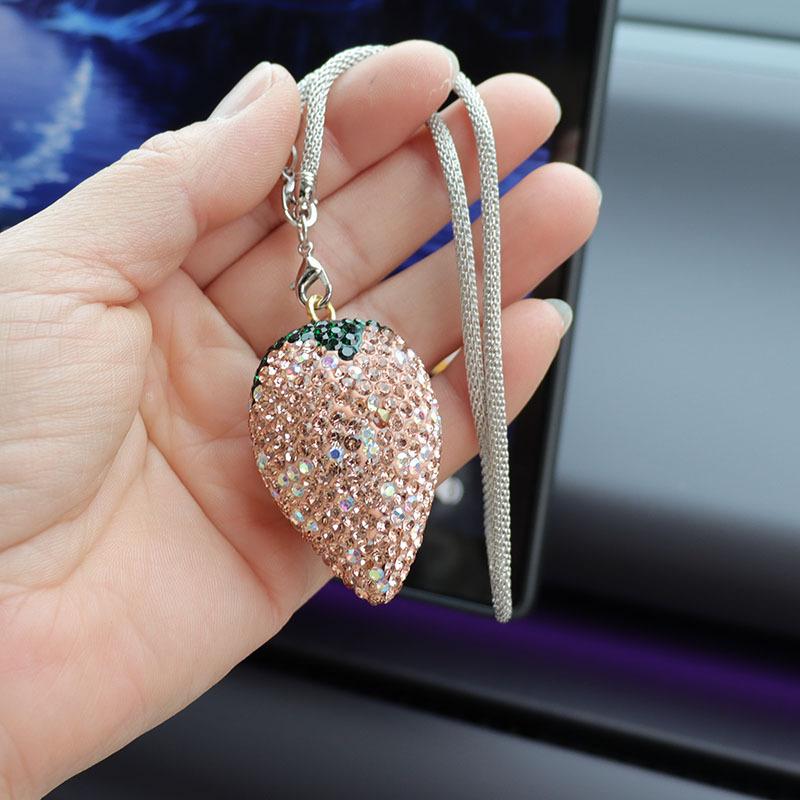 Bling Rhinestone Strawberry Cherry Car Hanging Ornament Sparkling Crystal Fruit Rearview Mirror Charm Aesthetic Car Interior Decor Accessories for Women Girls