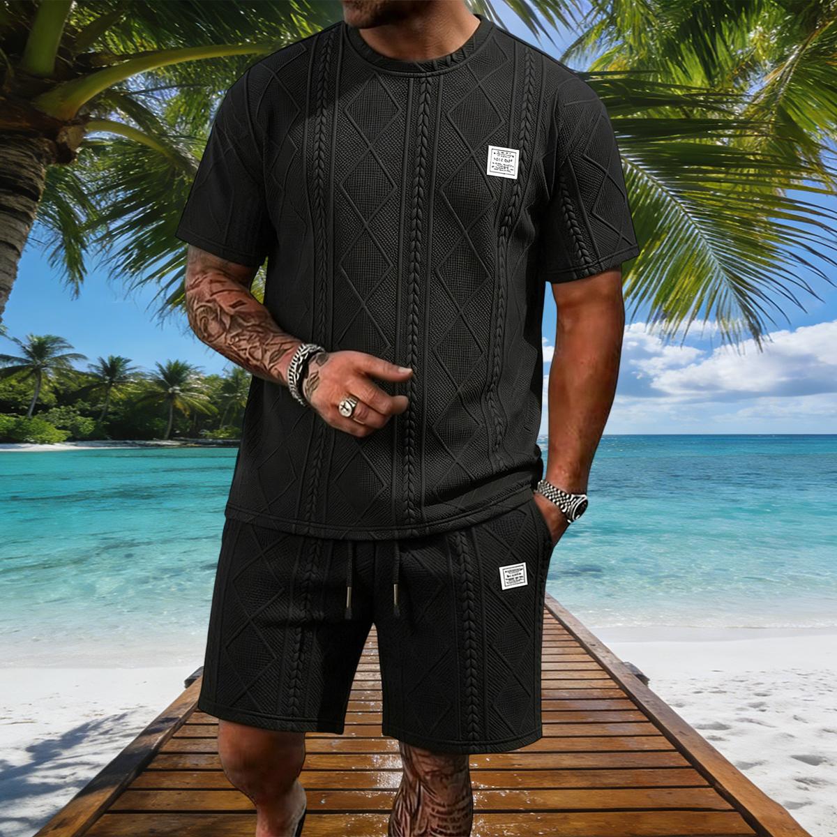 Men's Premium Textured Knit 2-Piece Outfit, All-Over Diamond Jacquard Pattern T-Shirt and Drawstring Shorts Set, Breathable Casual Co-ord for Summer, Streetwear, Travel & Everyday Activities