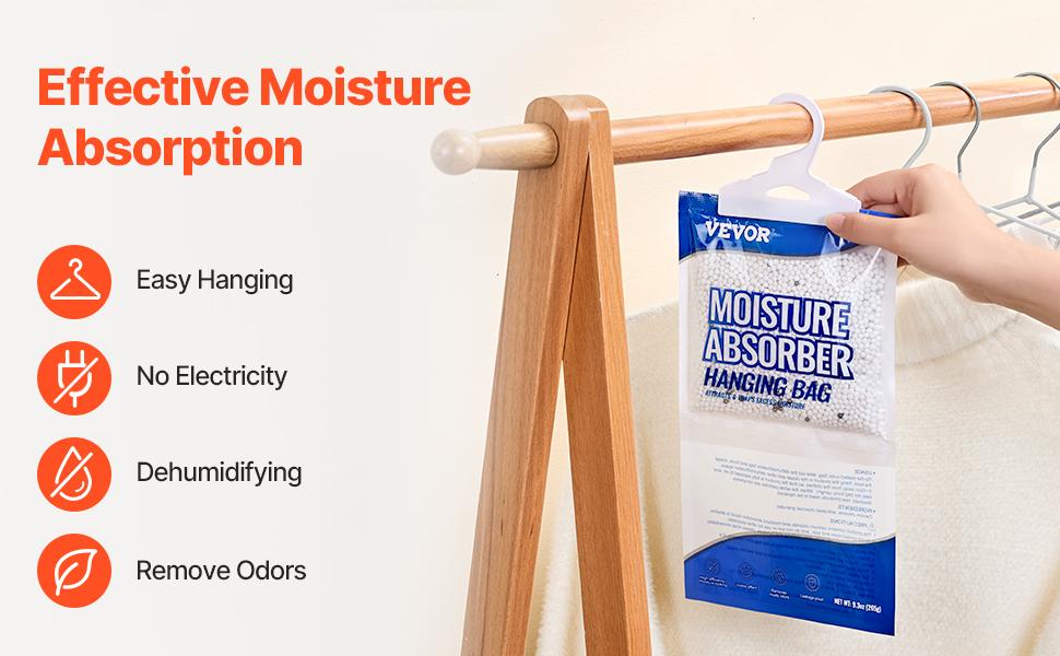 VEVOR Hanging Moisture Absorber, 9.3 oz Hanging Closet Dehumidifier Bags(10 Packs), Fragrance Free Moisture Bags in Wardrobes, Bedrooms, Bathrooms VEVOR Hanging Moisture Absorber, 9.3 oz Hanging Closet Dehumidifier Bags(10 Packs), Fragrance Free Moisture Bags in Wardrobes, Bedrooms, Bathrooms