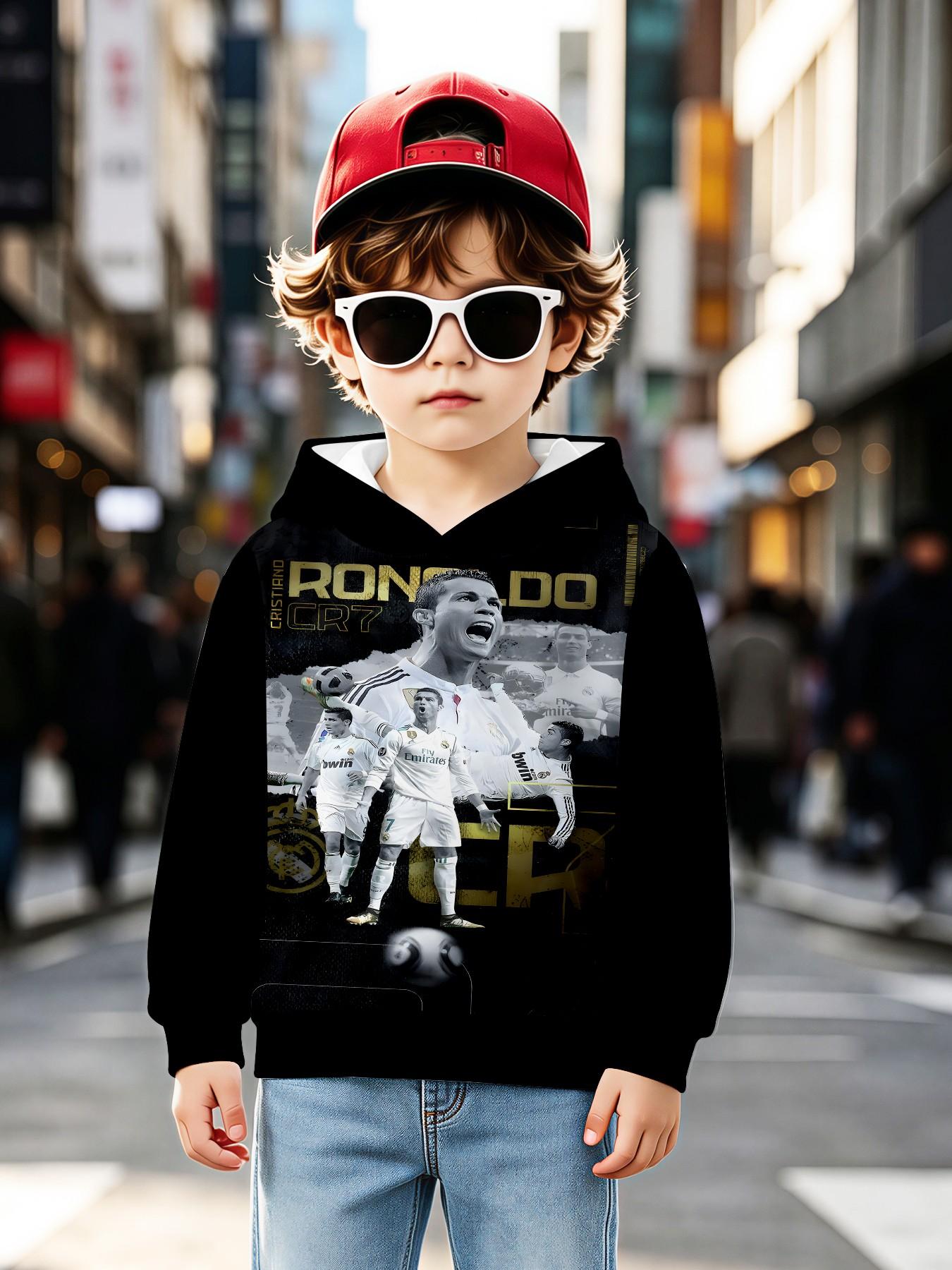 Base Ronaldo Cr7 Gold Foil Print Hoodie, Boys' Football Theme Long Sleeve Pullover, Casual Loose-Fit H-Type Design