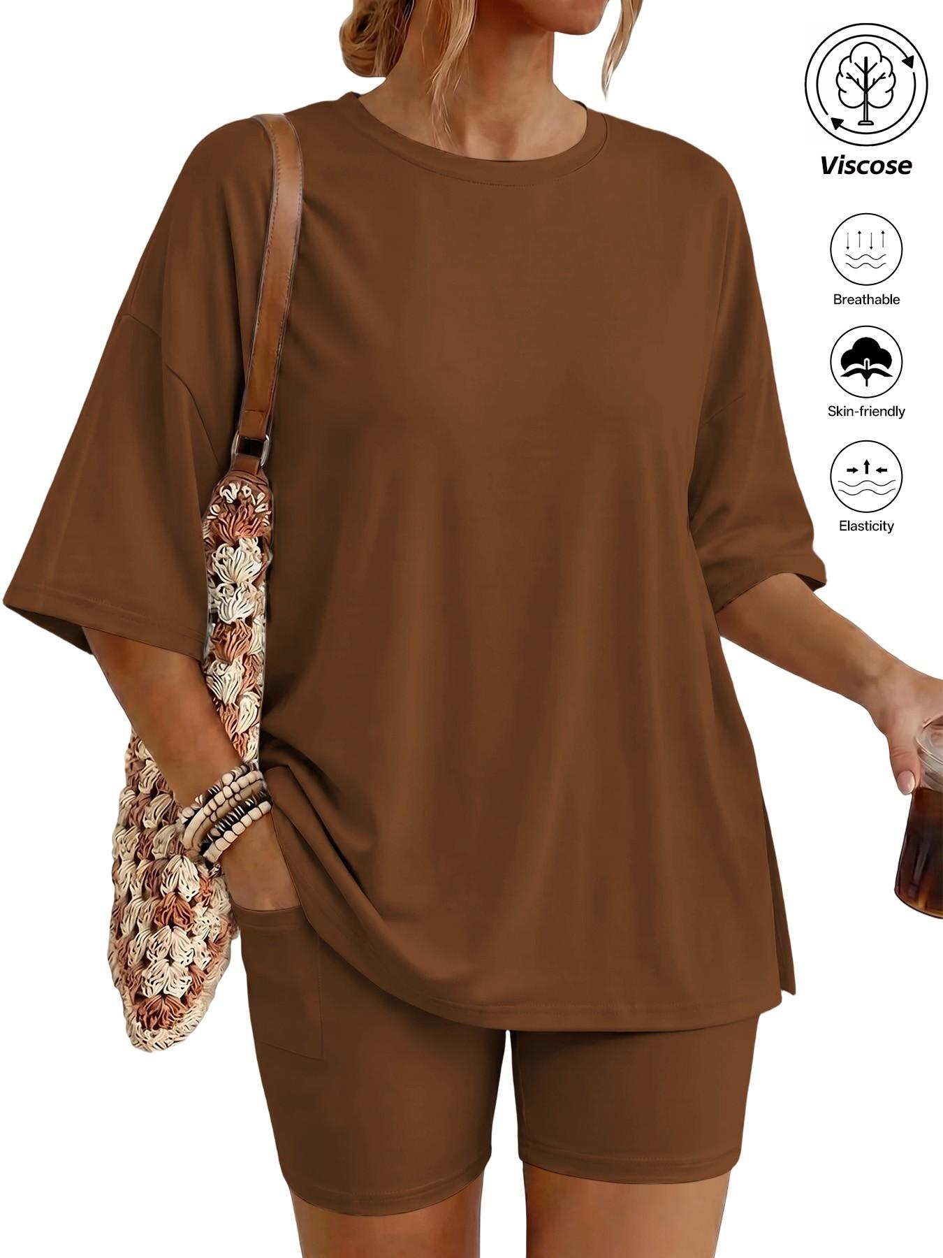 Women's Two Piece Lounge Set Matching, 2026 Summer Casual Basic Oversized Shirts & Biker Shorts, Fitted Plain Design, Perfect for Airport Travel Womenswear Clothes
