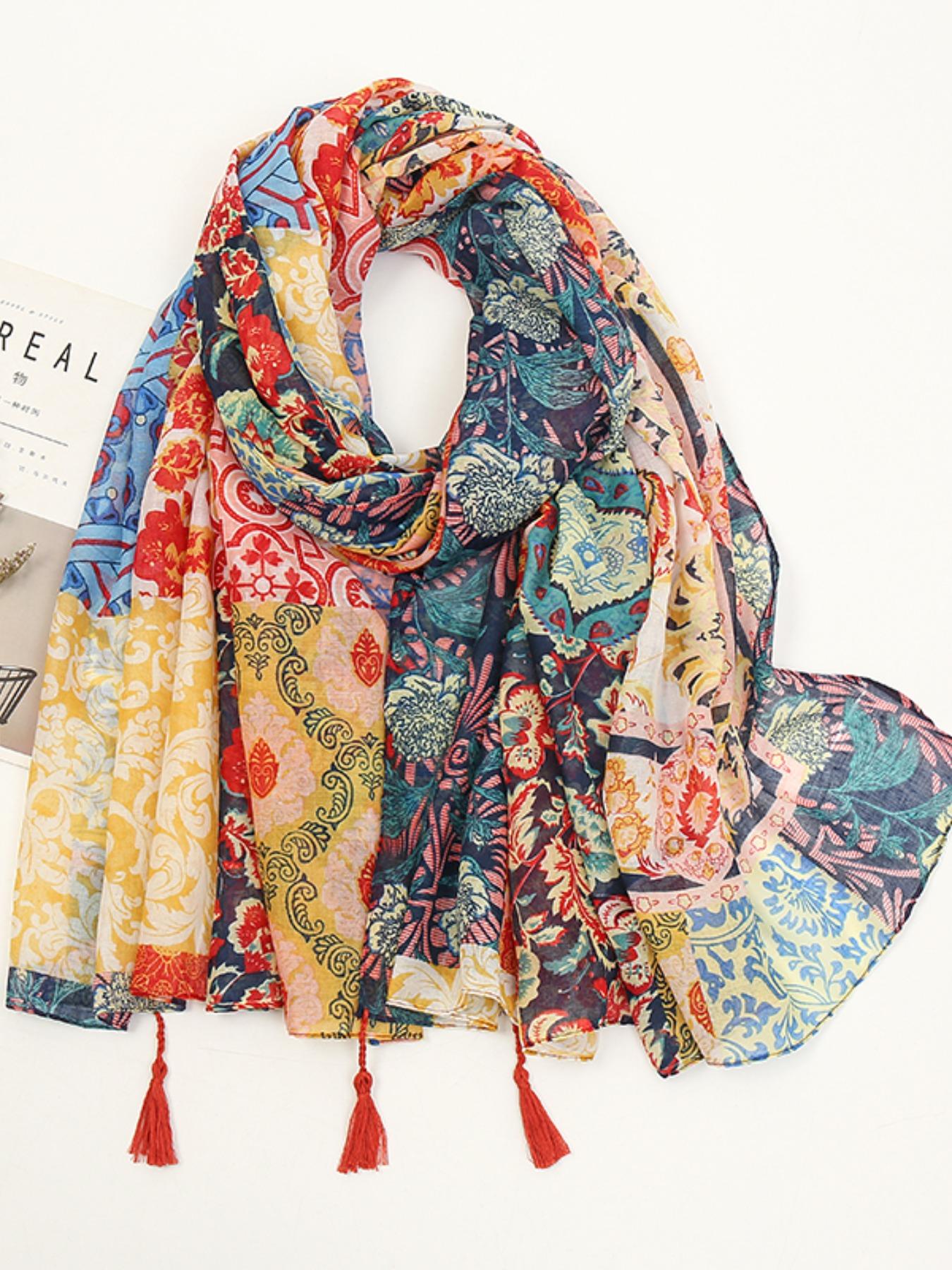 Women's Boho Peach Blossom Headscarf, Sun Protection Multicolor Scarf, Elegant Multi-Functional Shawl, Daily Wear, Pair with Robe or Dress