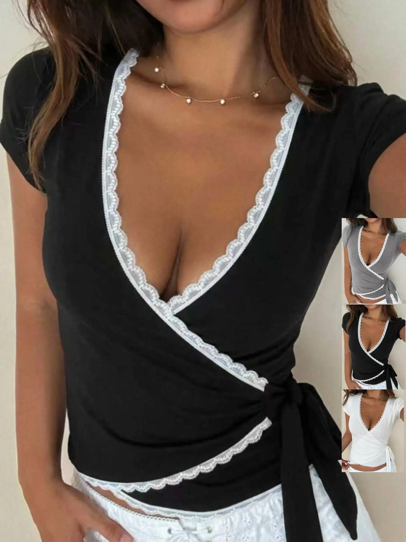 Lace Trim Cross V-Neck Short Sleeve Knit T-Shirt, Tie Design Waist Cinch Slim Fit, Short Length, Women's Fashion Top, Aesthetic