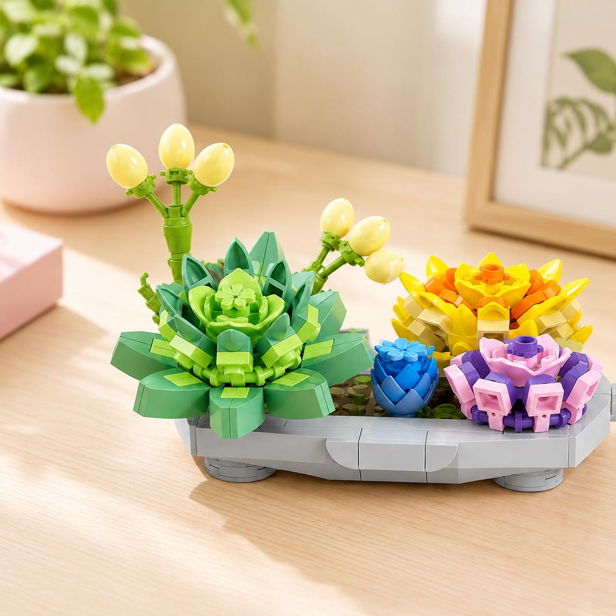 4 PC Micro Building Blocks Succulent Collection, Building Block Flowers, Floral Display Style, Four Decorative Plant Designs with Vivid Colors and Mini Pieces, Relaxing DIY Toy for Home Office Shelf Decor, Christmas Gift, Collectible Model