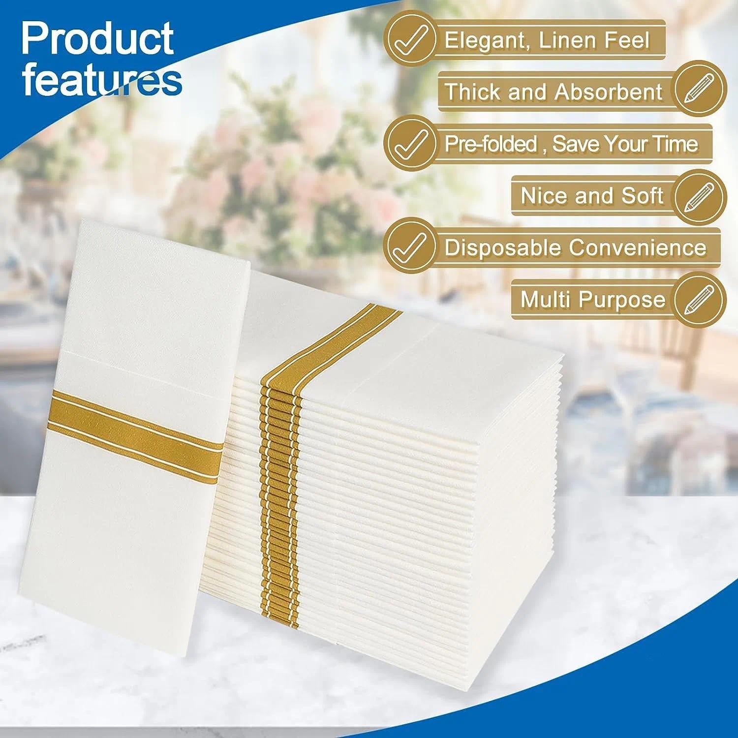 50PCS Gold Line Linen Feel Napkins with Built-in Flatware Pocket, Disposable Guest Pre-folded Paper Towels For Wedding Party