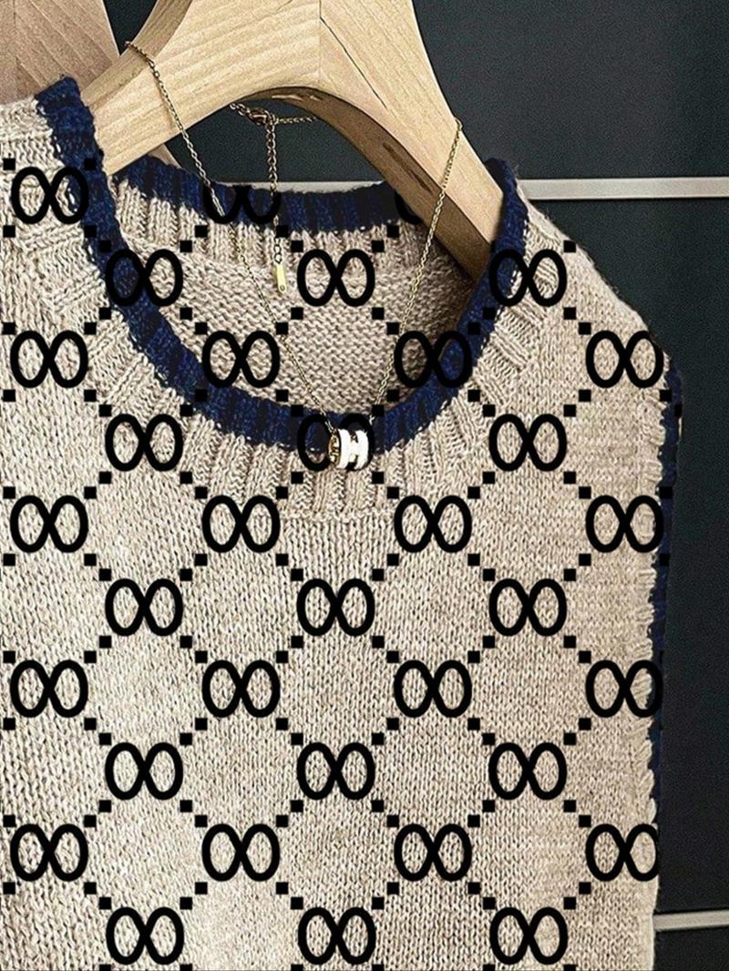 Women's Casual Loose-Fitting Round Neck Sleeveless Knit Top, Colorblock Deep Blue Edging Grid Print, Fall Winter Fashion