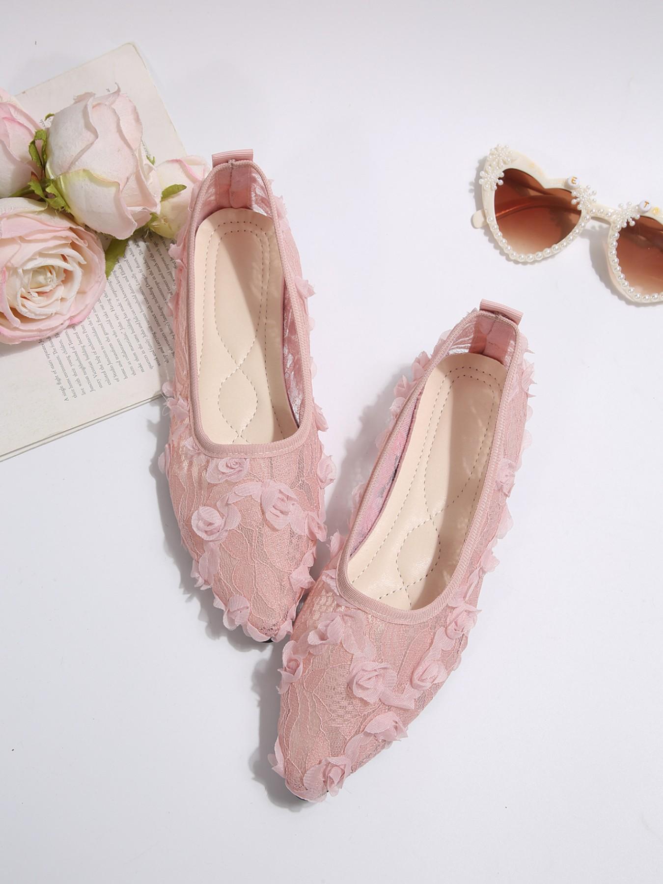 Women's Breathable Sheer Lace 3D Floral Rose Applique Pointed Toe Slip On Flat Ballet Flats Non Slip Cloud Cushioned Arch Support All Day Walking Wedding Bridal Date Vacation Casual Footwear Off White Pure White Pink Black Four Romantic Soft Tones