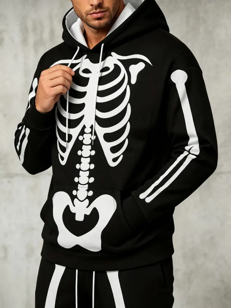 Men's Halloween Skeleton Print Hoodie and Pants Set, Party Cosplay, Casual Outdoor Sports Wear, Two-Piece Men's Clothing