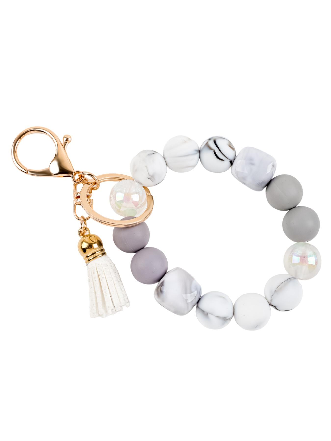 Solid Color Beaded Wristlet Keychain for Women, Matte Silicone Acrylic Beads, Tassel Charm, Minimalist Key Holder, Fashion Gift