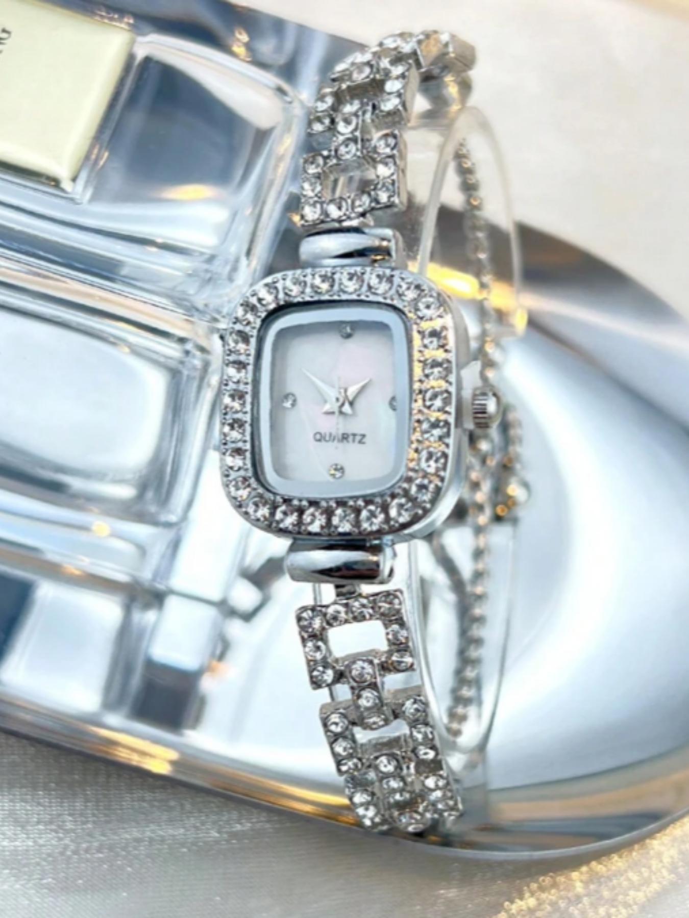 1pc Women's Silver Square Case Watch With Rhinestone Scale Dial, Diamond-Encrusted Square Design, Adjustable Chain, Quartz Movement, Hip-Hop Style