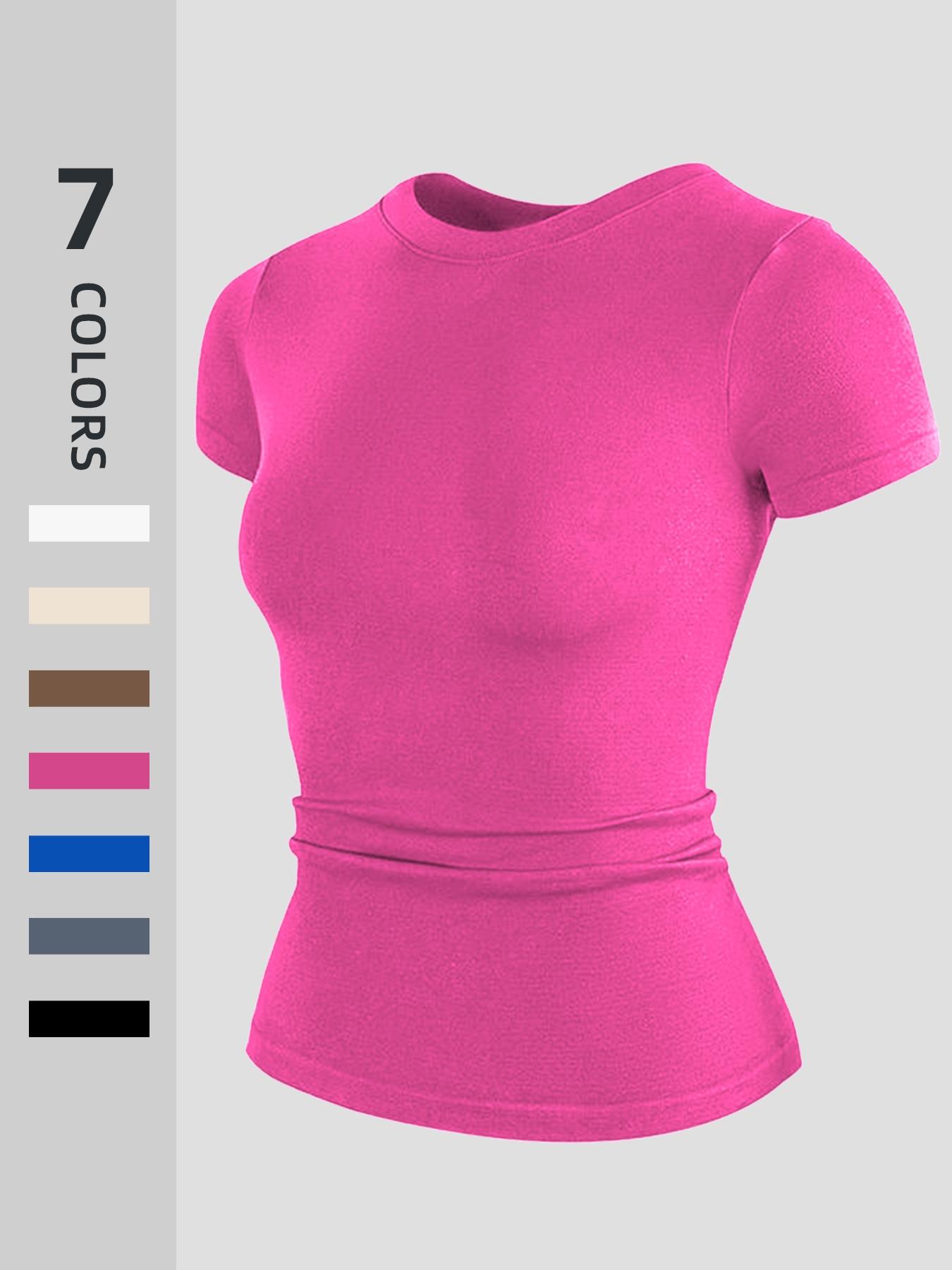 Women's Sporty Slim-Fit Yoga Short sleeve Top, Elastic Breathable Fabric, Plain Pattern XXL Size, All Season Wear, Athletic Yoga Shirts