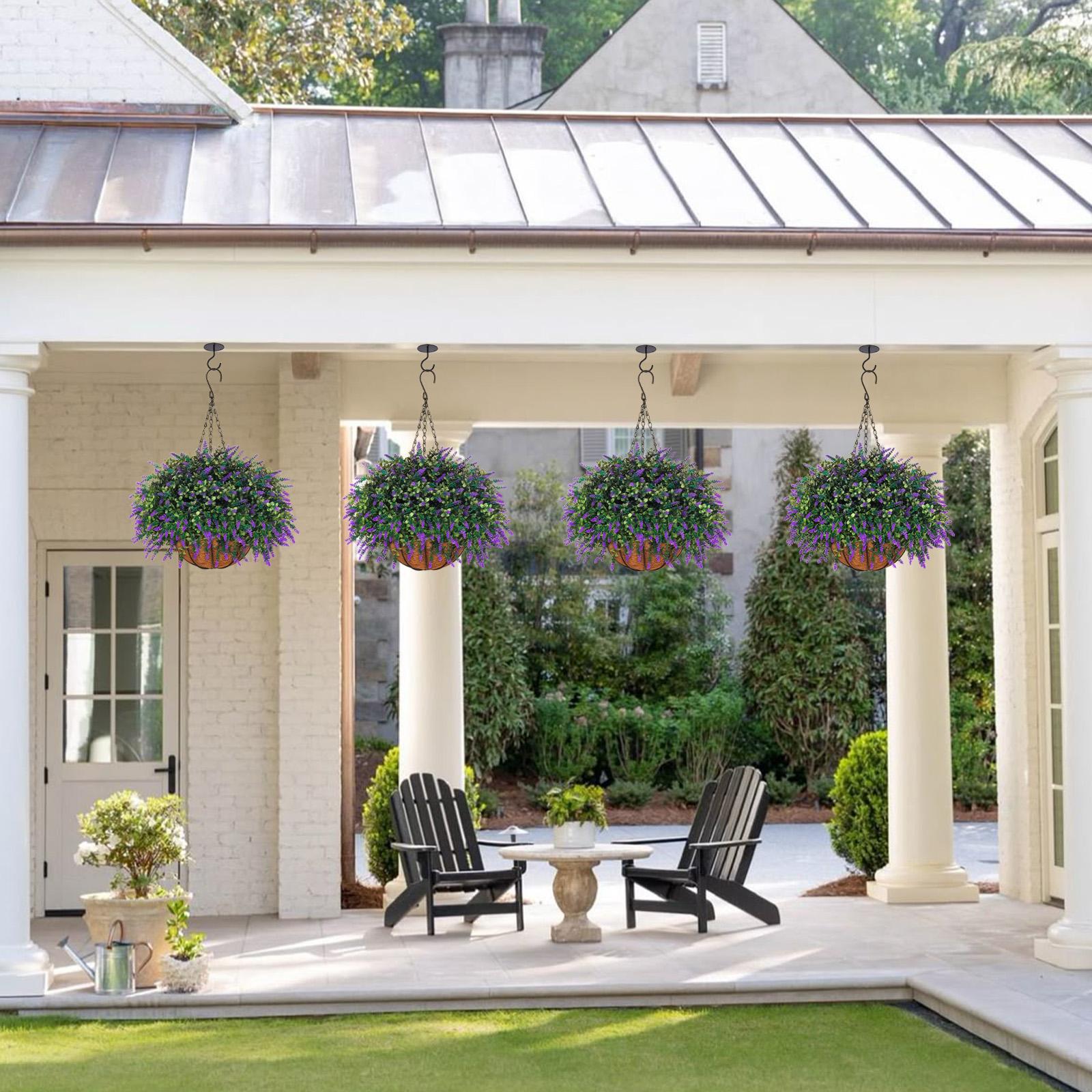 2sets hanging planters for outdoor plants with artificial Decorative flowers,2 coconut fiber hanging baskets, 60 artificial lavender flowers,for Summer and Spring Home Porch, Patio, and Terrace Decoration