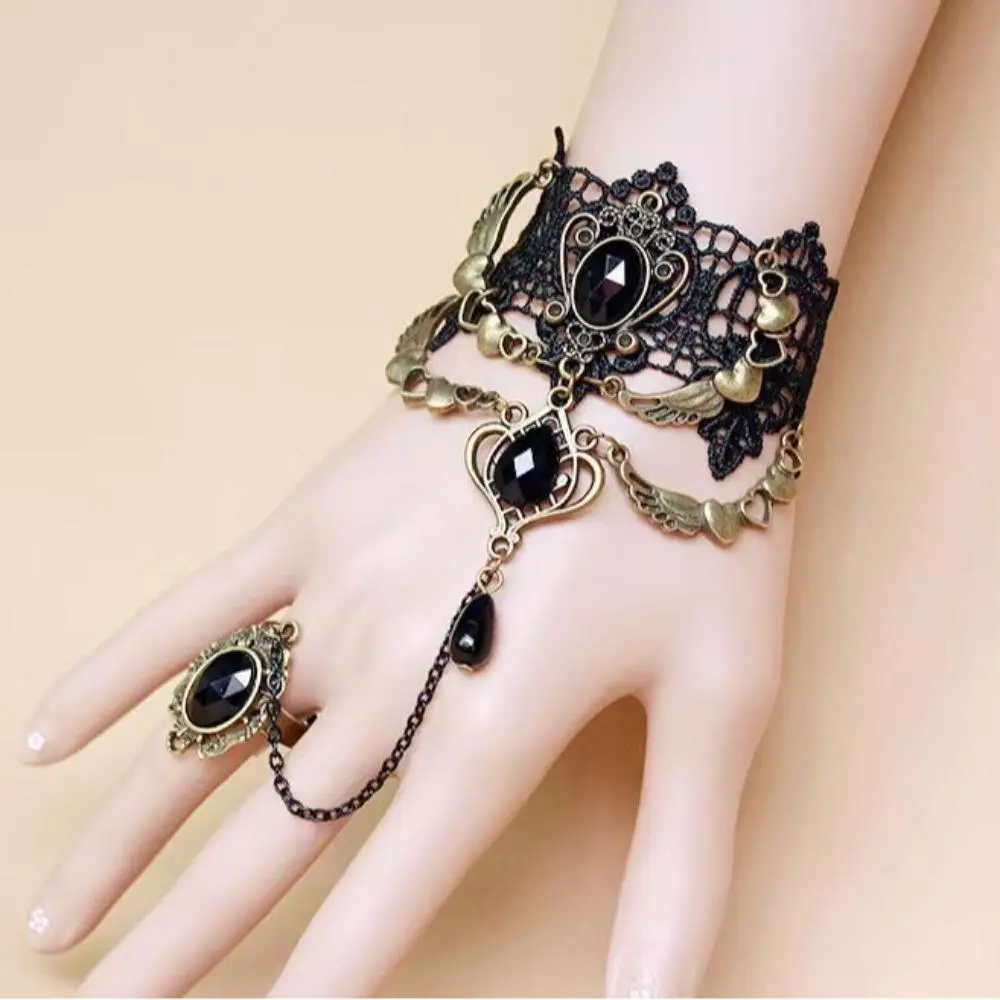 Unisex Vintage Bronze Angel Wing Black Lace Hand Harness Linked Set - Adjustable Ring, Black Rhinestone Gothic Dark Statement Costume Jewelry, Halloween Cosplay Party Accessory