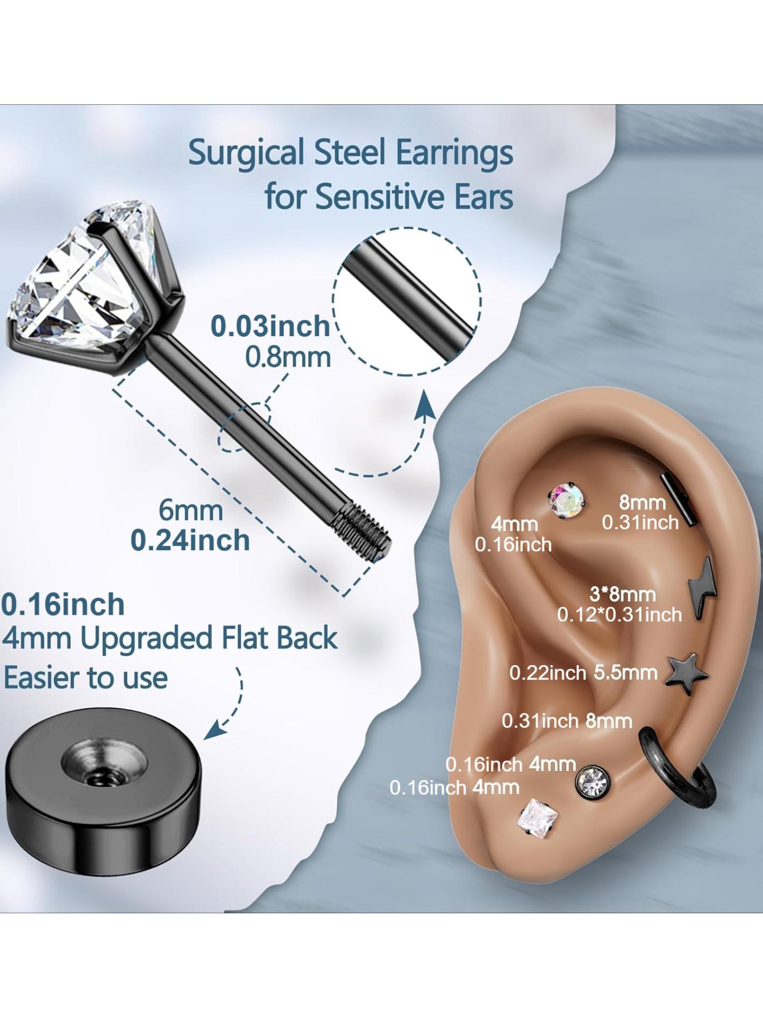 15 Pairs Black Surgical Steel Cartilage Earring Set for Women Men Slim Gauge with Comfortable Flat Back Design Unisex Assorted Styles Tiny Stud Earrings Mini CZ Hoops Huggie Earrings Perfect for Tragus Helix Multi-hole Ear Piercing Decoration