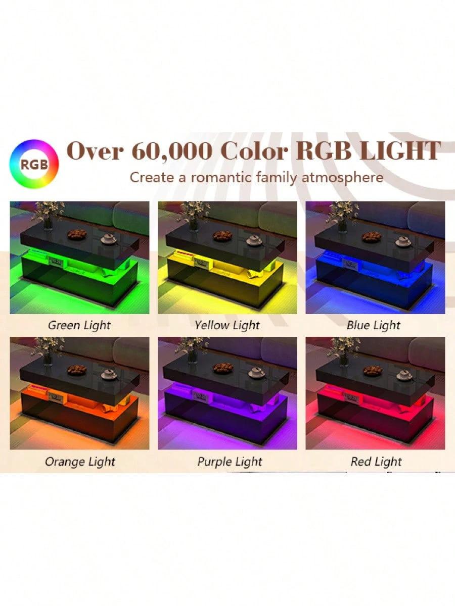 Living Room Coffee Table With LED Light, Modern High Gloss Center Table With Storage