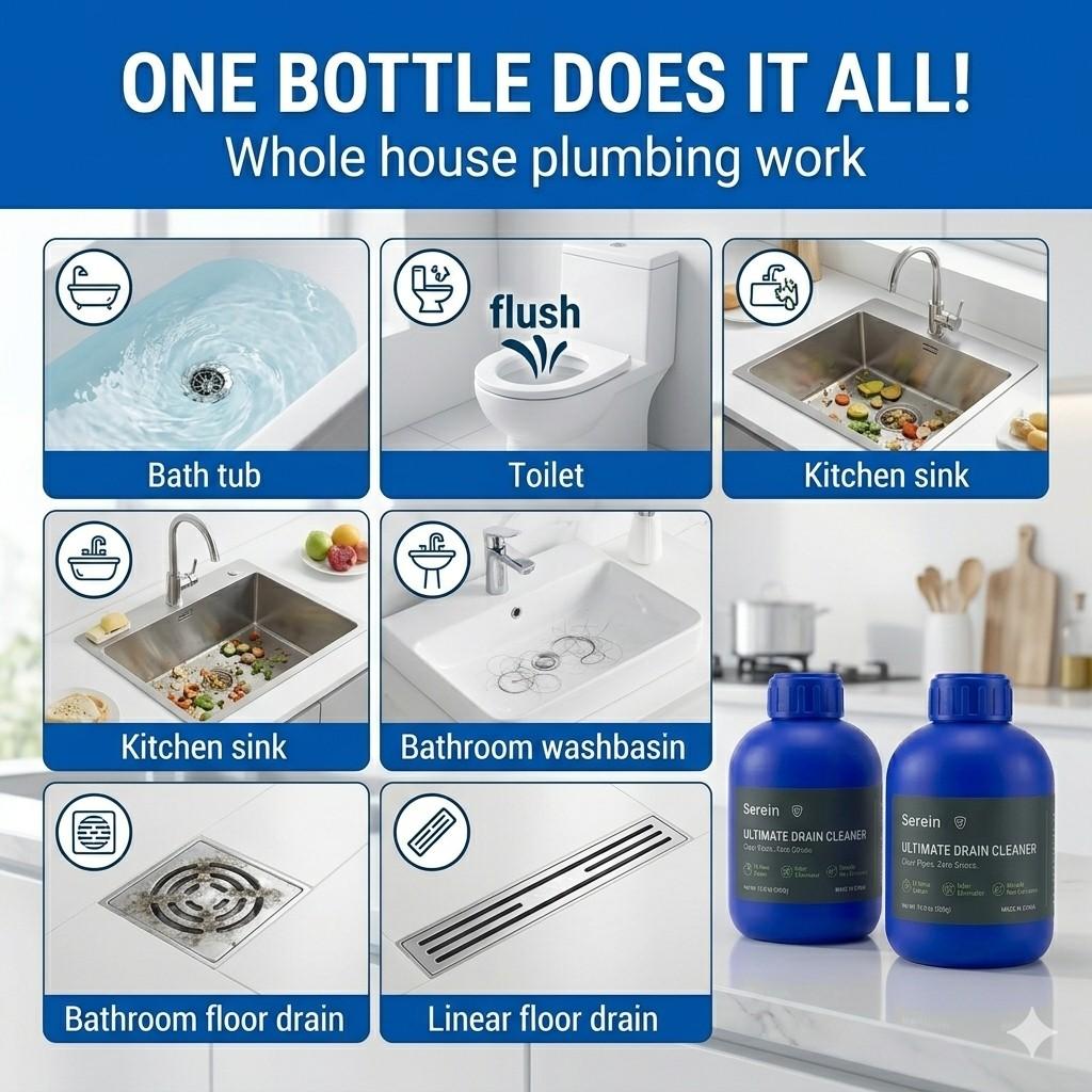 Serein Strong Pipe Unblocker, Quick Dissolving Clog Remover, Effective Drain Cleaner, Fast Acting Plumbing Solution, Home Maintenance Essential