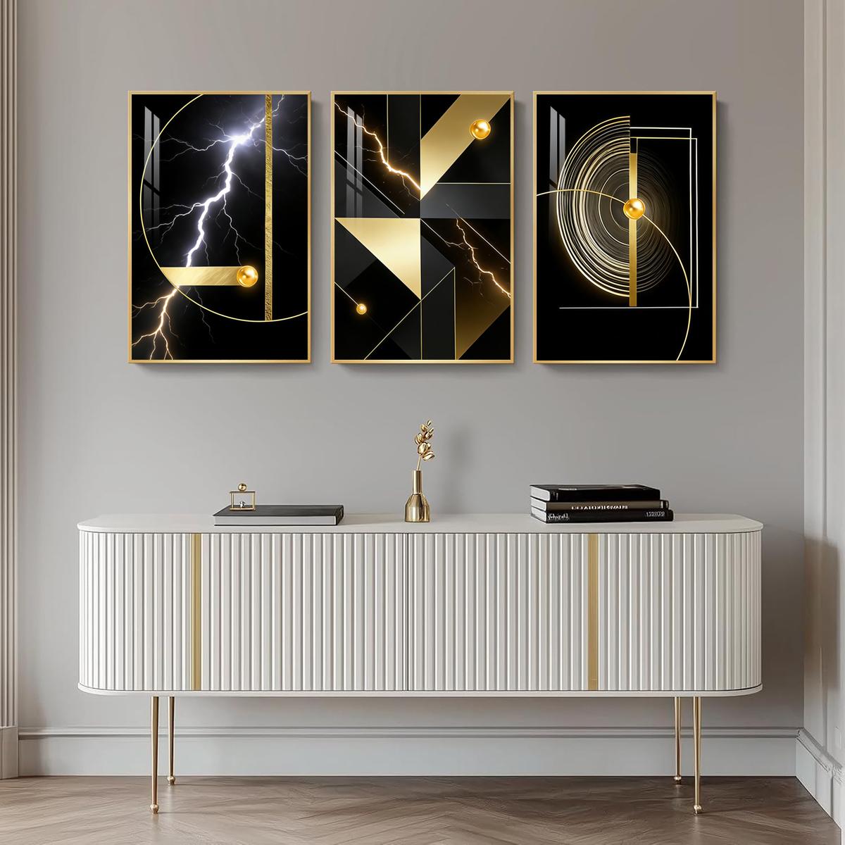 3 Counts Aluminum Alloy Framed Painting, Abstract Golden Geometric Lightning Art Pictures, Home Decoration For Living Room, Bedroom, Office, Restaurant, Hallway Wall Decor, Odorless Print Artwork, Luxury Perfect Gift For Friends And Family