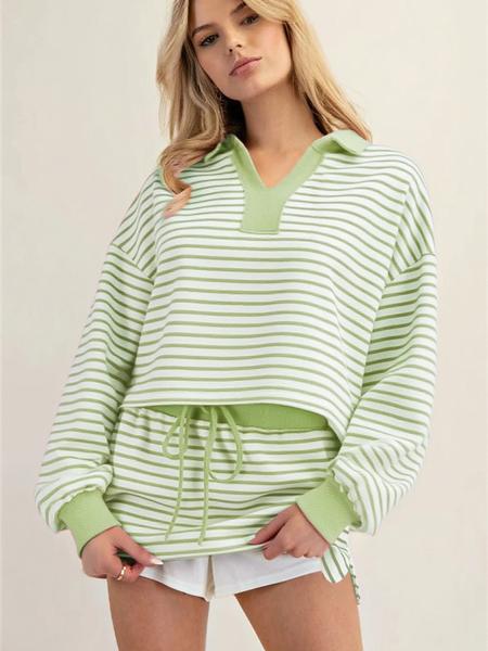 Women's Fashion Casual Striped Knit Top & Drawstring Waist Skirt Set, Loose Fit Home Wear, Comfortable Two-Piece