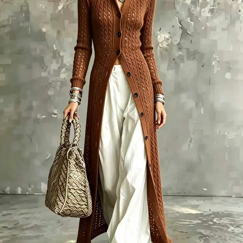 Women's Plain Button Long Cardigan, Fall & Winter Layering, Versatile Office Wear