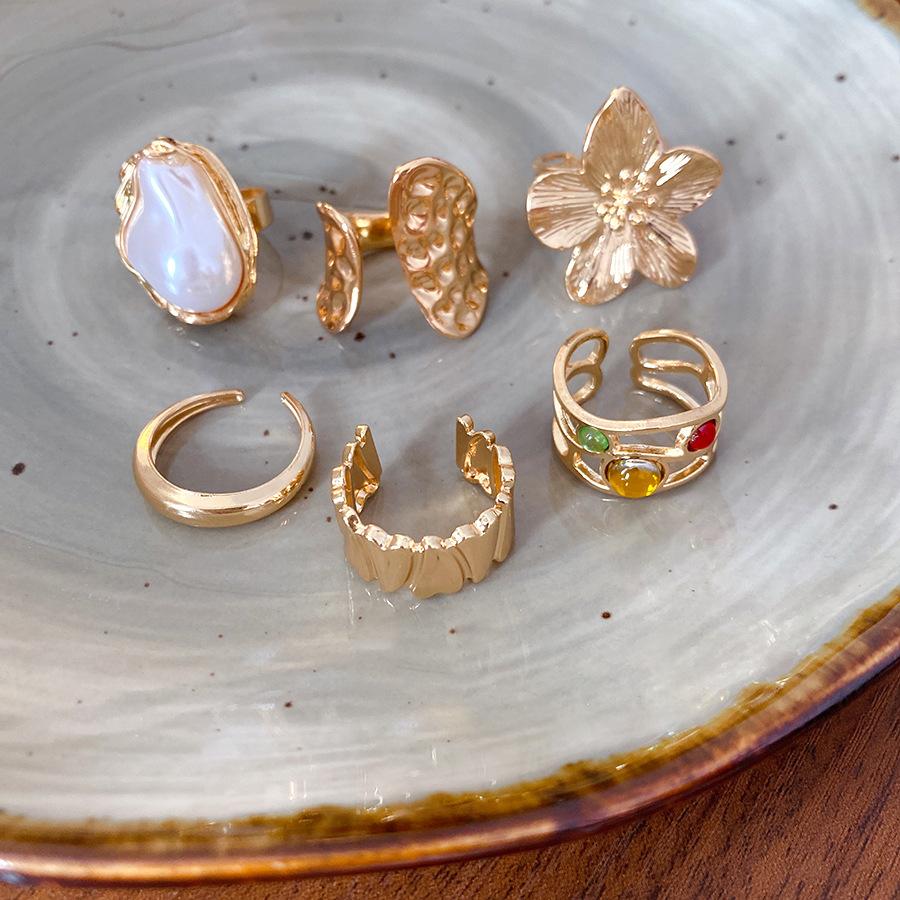 6-Pair Metal Wrinkled Flower Open Rings, Trendy Elegant Minimalist Luxury Hand Jewelry