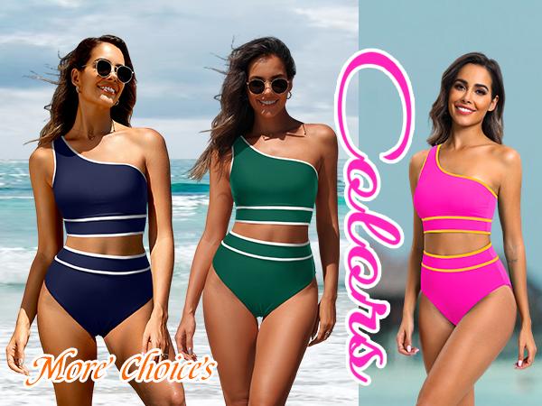 Holipick Women's One Shoulder Bikini Set High Waisted Bathing Suit Color Block Two Piece Swimsuit for Girls, Teens, Juniors, Ladies, Moms, Vacations, Parties, Beach Outings, Pool Gatherings