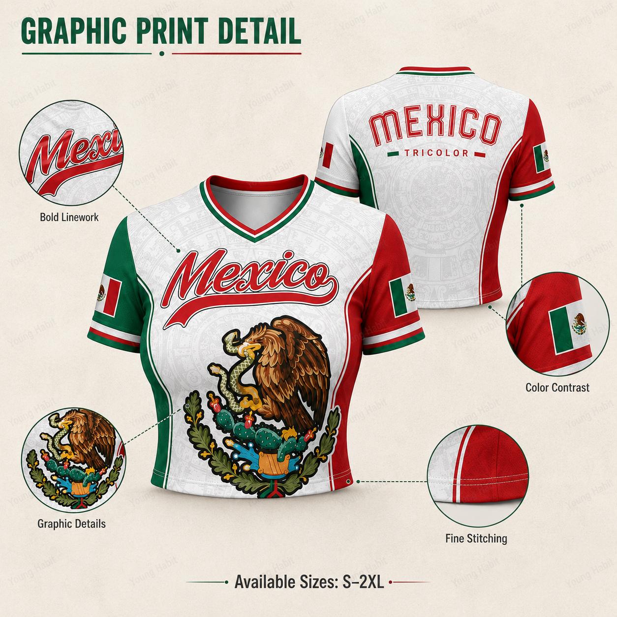 Women's Mexico Cropped V-Neck Athletic Cultural Pride Tee - Short Sleeves, Aztec Graphic, Flag Design, Polyester Lightweight Breathable Fabric, for Casual Streetwear