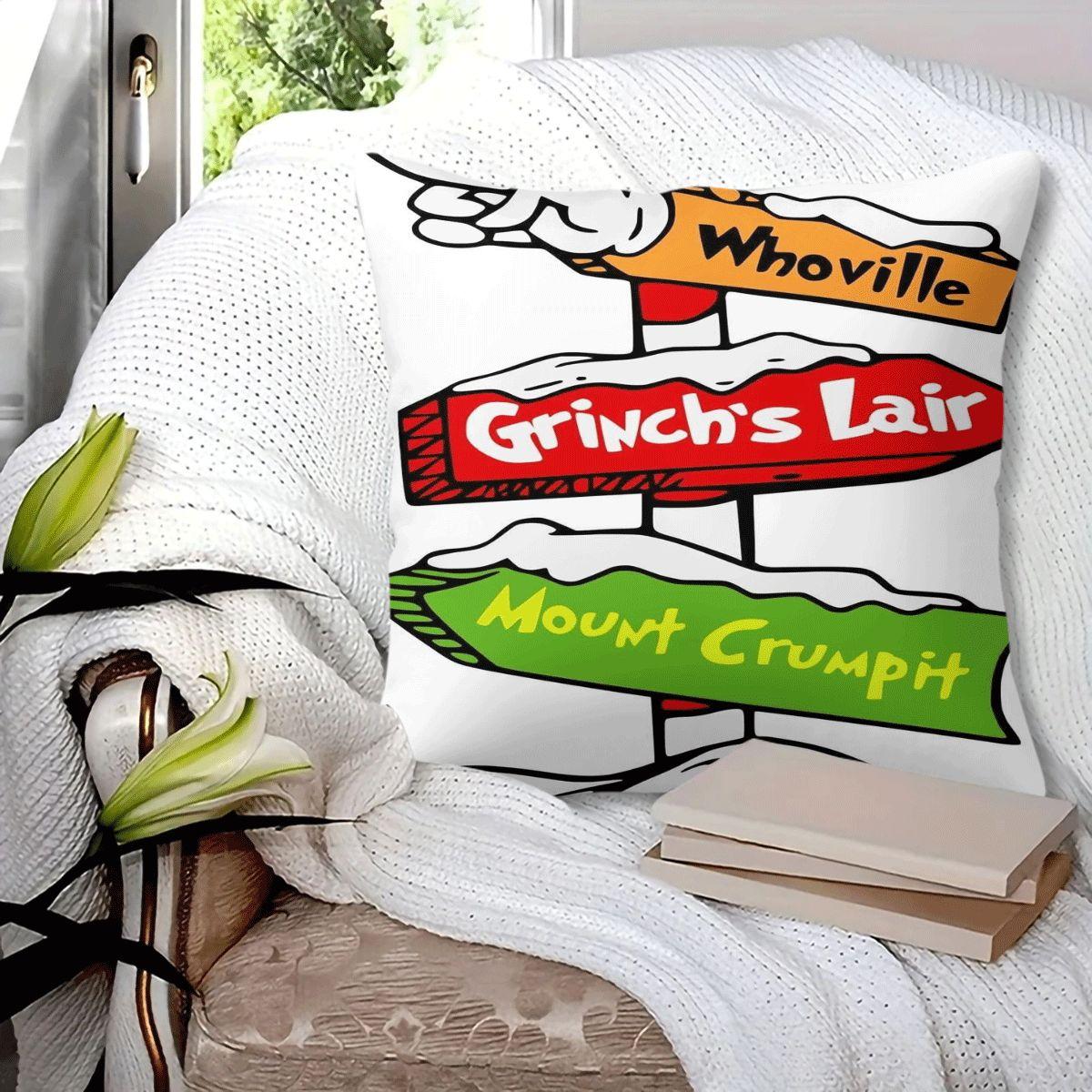 45x45cm 1Pc, Grinch Themed Halloween Christmas Cushion Pillow, spooky jack-o'-lantern bat print, soft durable cozy, perfect for sofa, bed, living room bedroom decor, ideal small holiday home gift, includes pillow filling