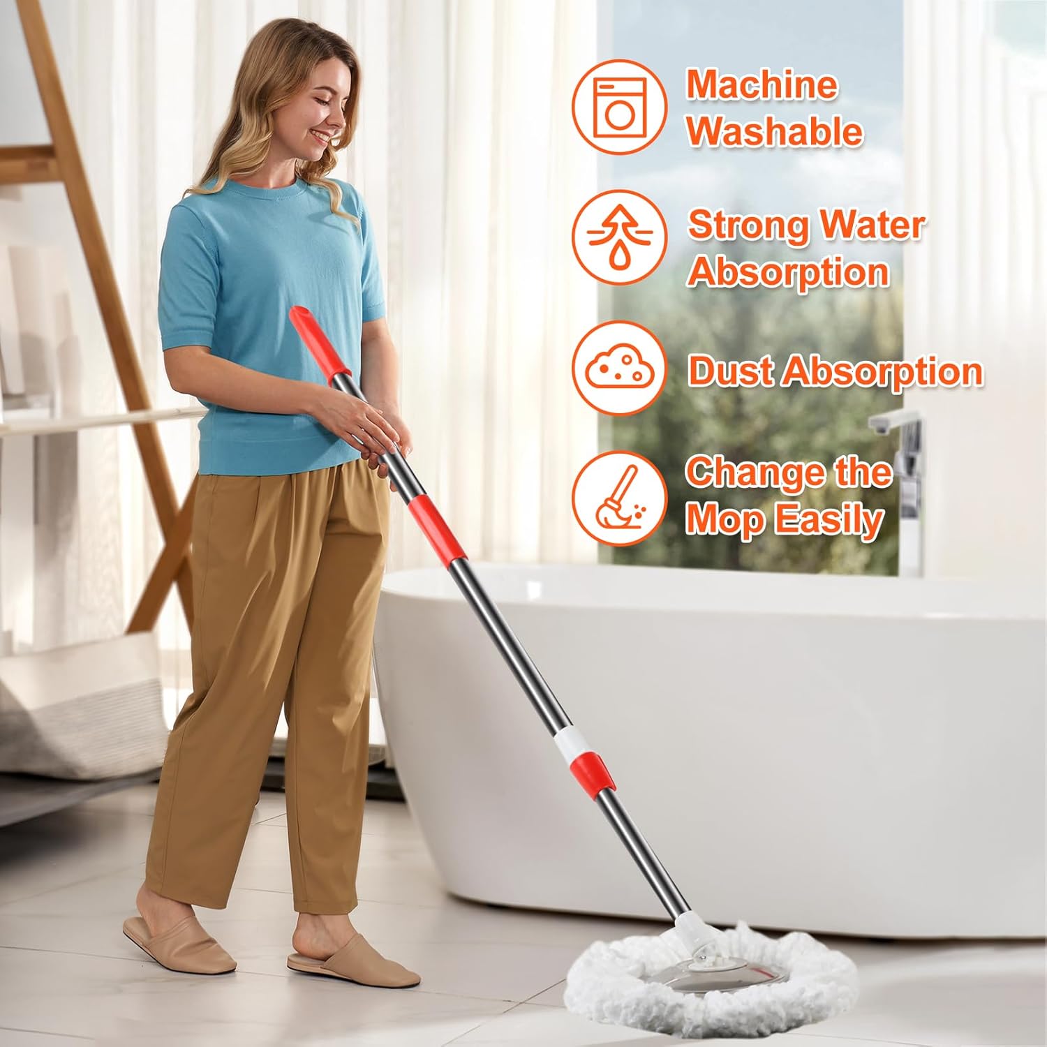 Upgraded Spin Mop and Bucket Set with 6 Replaceable Microfiber Heads - Hand Press Wring System, 360° Swivel, and Durable Stainless Steel Handle