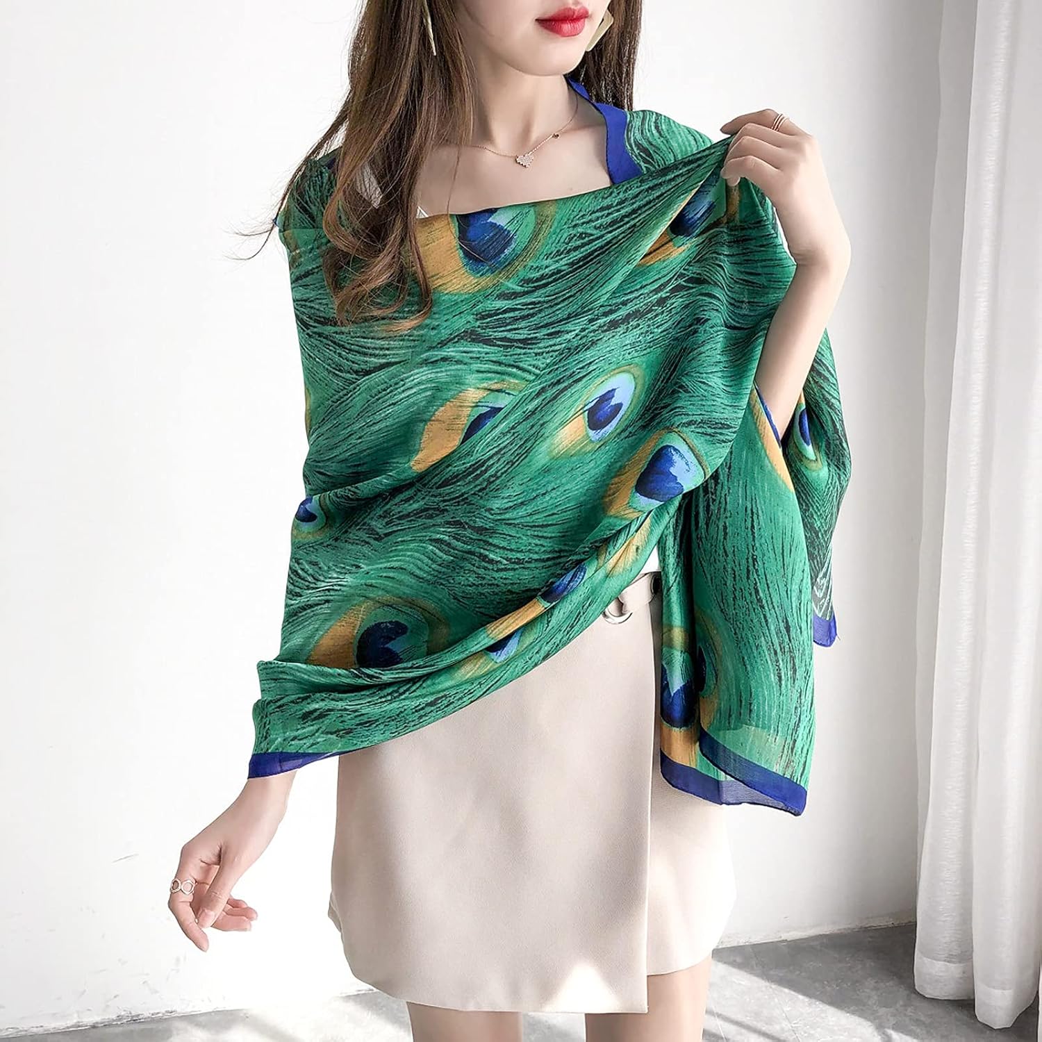 Women Silk Scarf Long Large Peacock  Print Wrap Shawl Scarves Headscarf