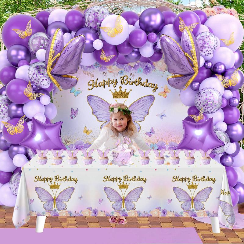 Purple Butterfly Birthday Decorations Pink Balloon Arch Kit Foil Butterfly Balloon,95pc Happy Butterfly Birthday for Girl Baby Shower Party Decor FathersDayGift