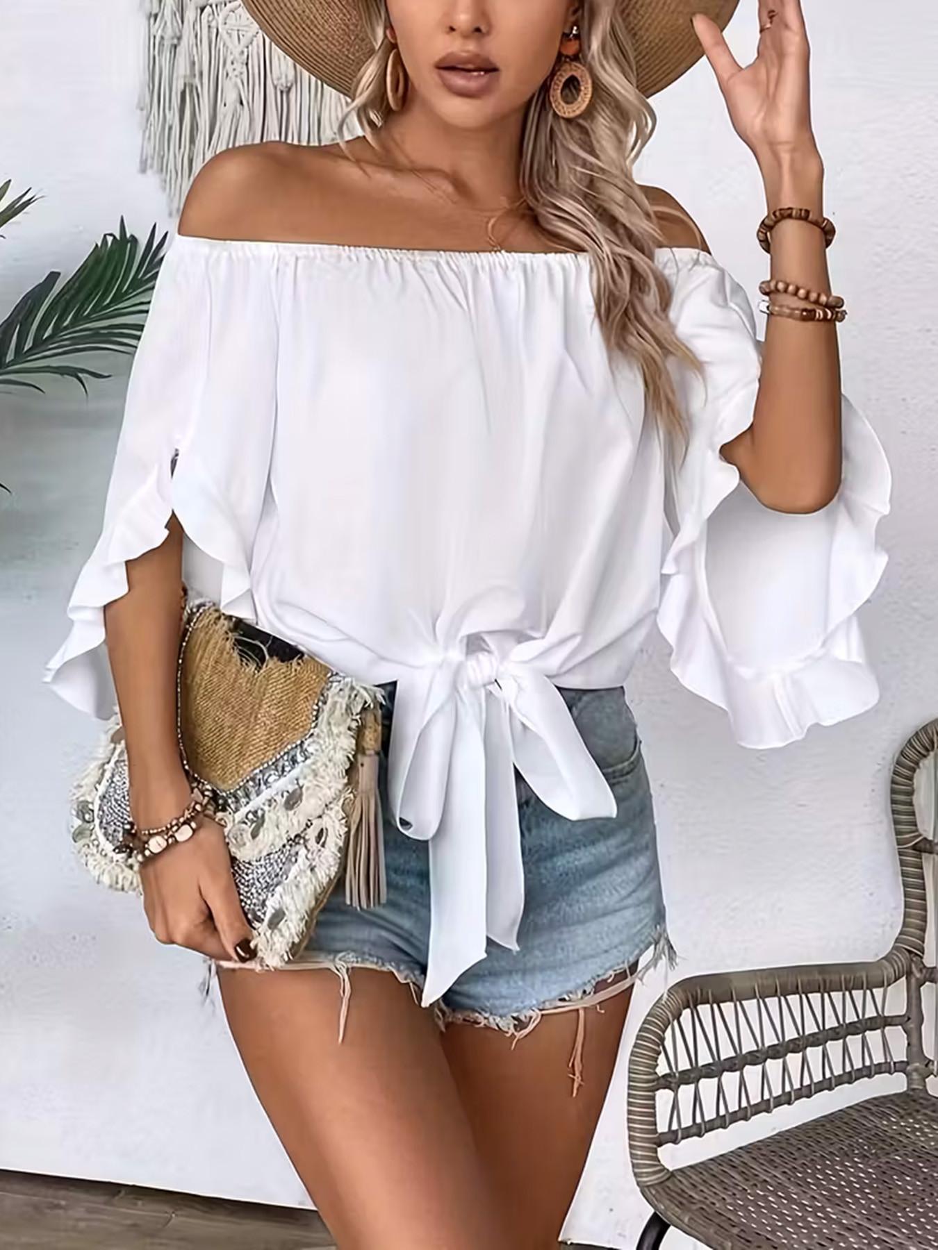 Women's Casual Off-Shoulder Ruffle Bell Sleeve Shirt Blouses, Elegant Feminine Tie Hem Loose Top, Stylish and Comfortable Daily Wear
