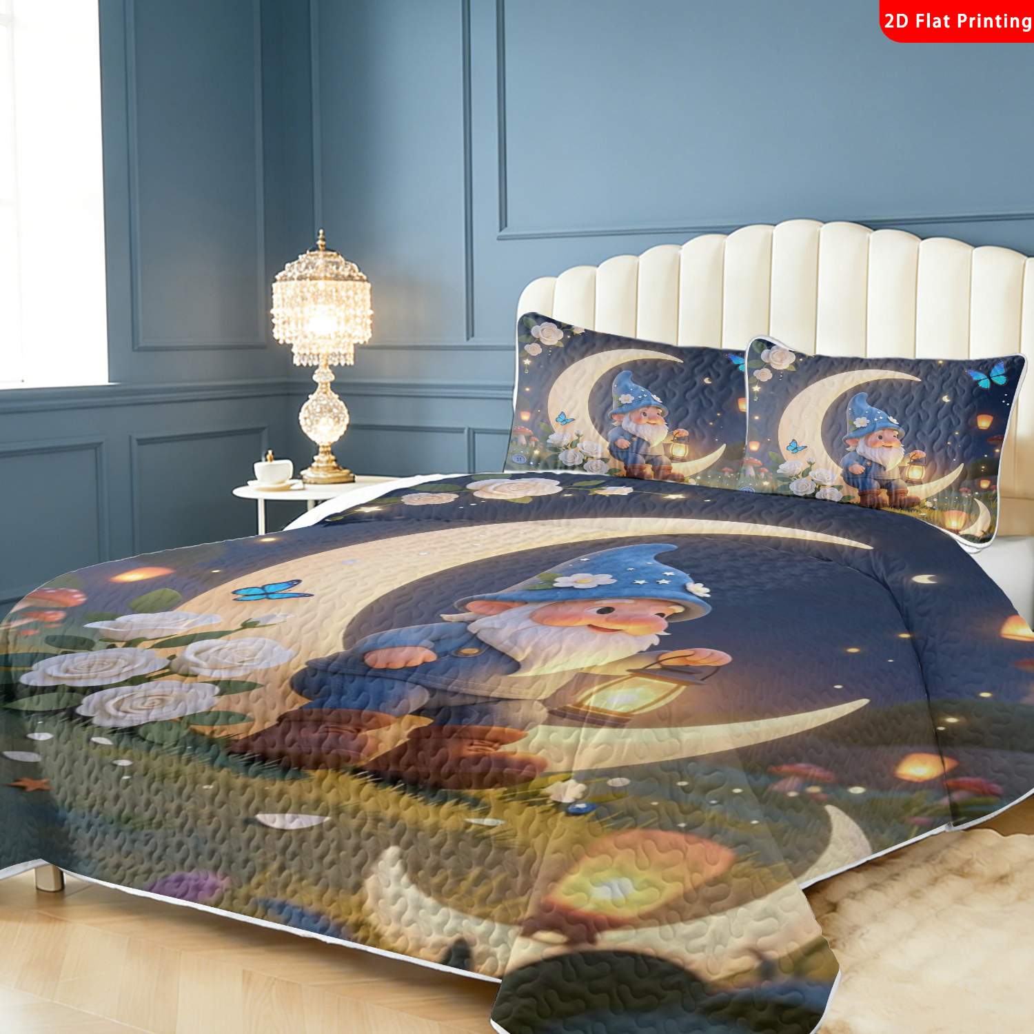 3 pcs, 2D flat print Cute Gnome Moonlight bed cover set, Enchanted Night Garden theme, multiple sizes available, bedding set, festive decorative bedding, ideal for bedroom decor(1 bedspread , 2 pillowcases)