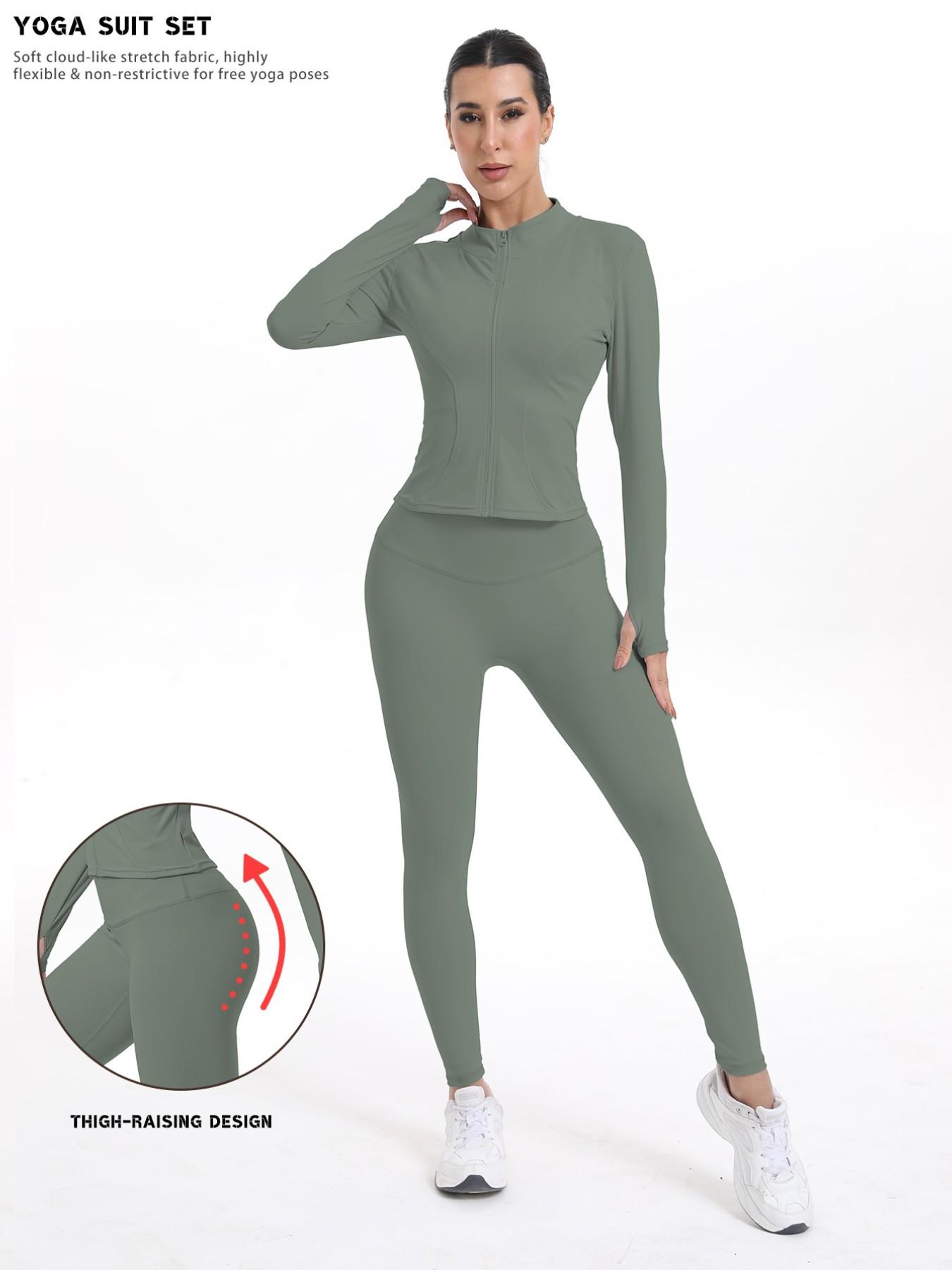 Women's Sporty Quick-Dry Two-Piece Set, New Fashion Slim Fit Yoga Pants, High Elasticity Long Sleeve Top, 12 Colors Available
