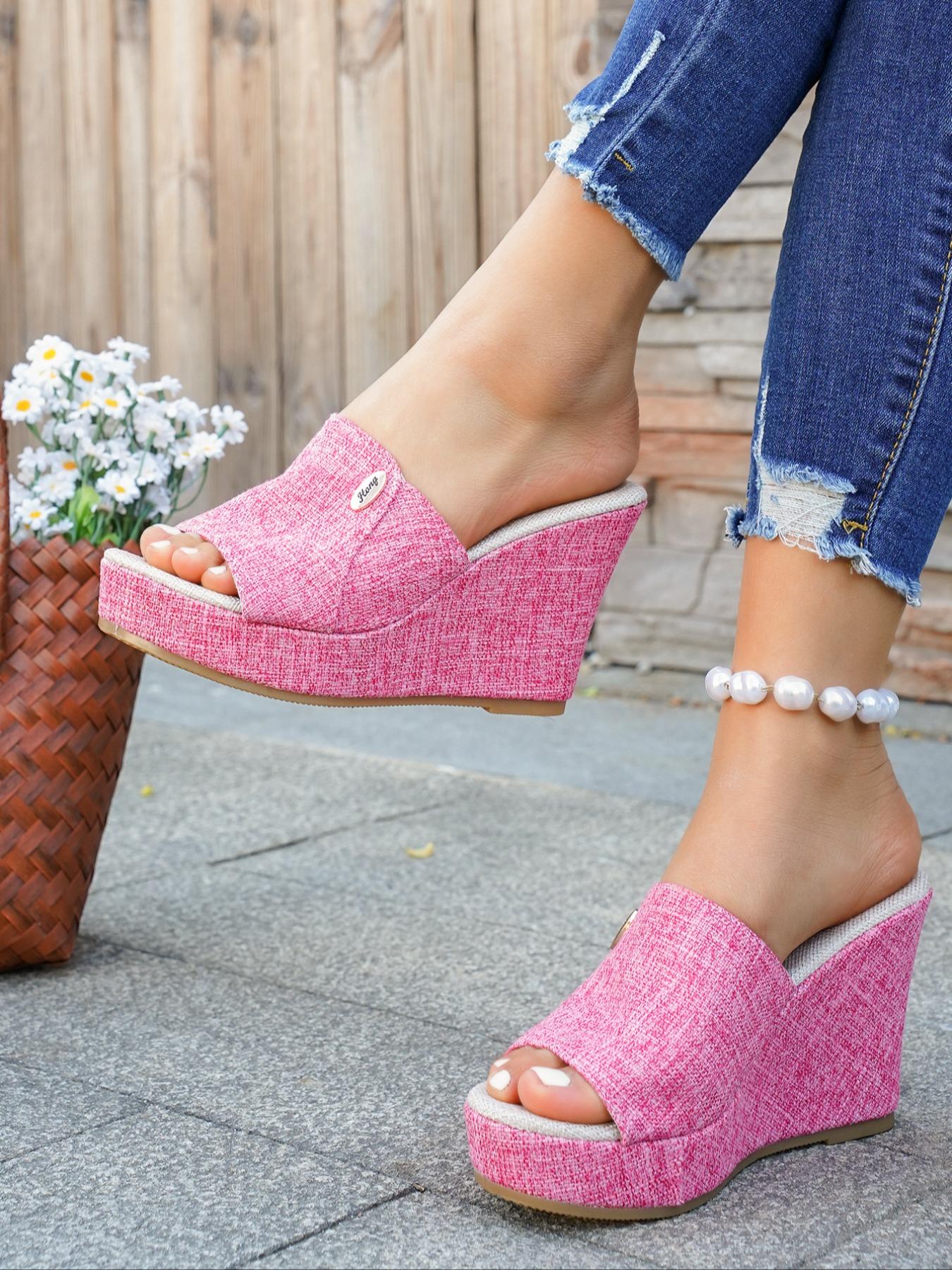 Women's Casual High Heel Sandals, Fish Mouth Open Toe Slip-On Summer Vacation Style, Textile Fabric Wedge Shoes