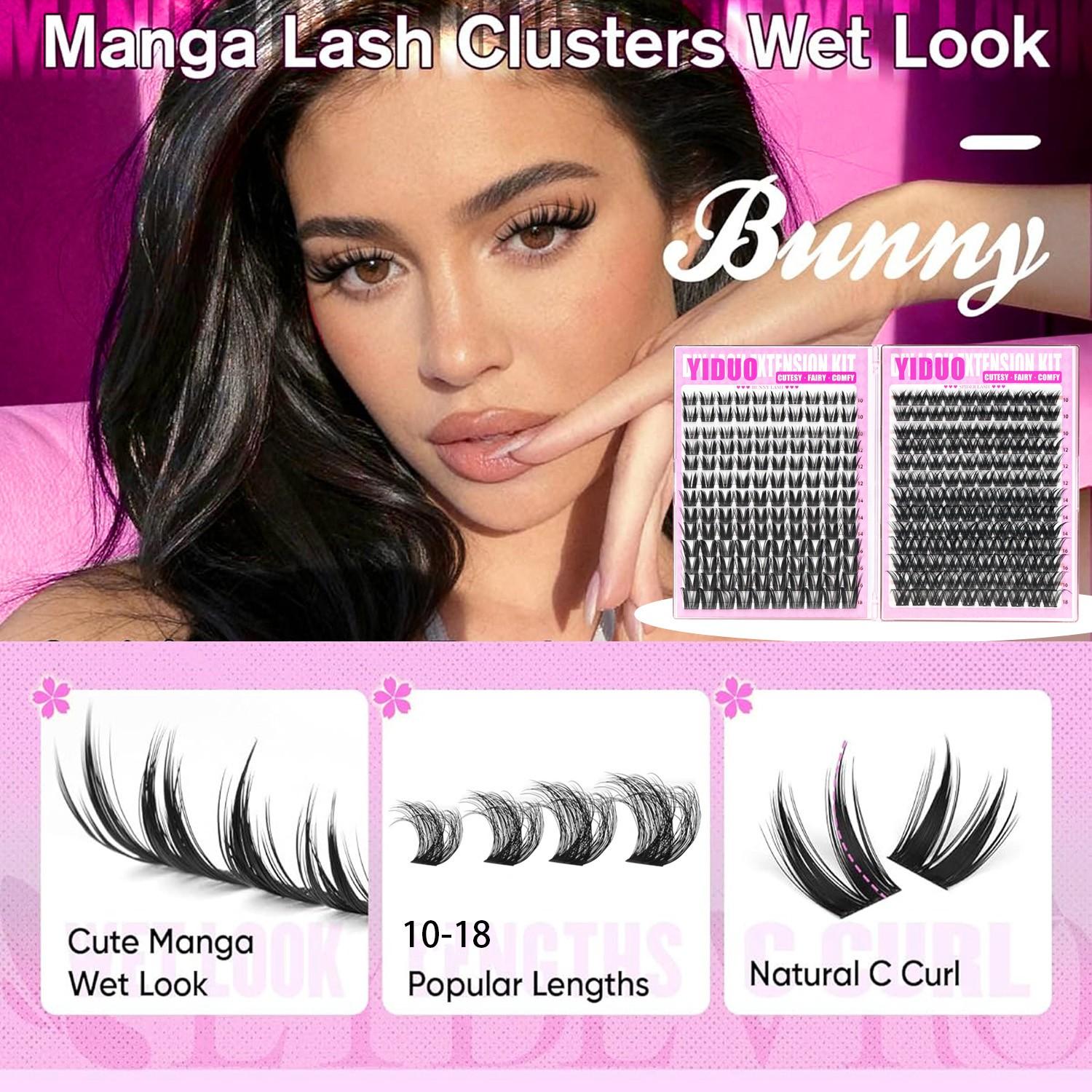 YIDUO 1110pcs DIY Lash Extension Kit, Complete Eyelash Clusters Set with Bond & Seal, Remover, Tweezers & Eyelash Brush, 10-18mm D Curl Manga, Cat Eye and Wispy Volume Lashes (50D, 60D, 80D, 100D) for Home Salon, Includes Lash Tools