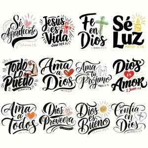 12-Piece Spanish Religious Iron-On Stickers Set, DIY T-Shirt & Hoodie Decorations, Motivational Bible Quotes, Christian Patterns, Heart