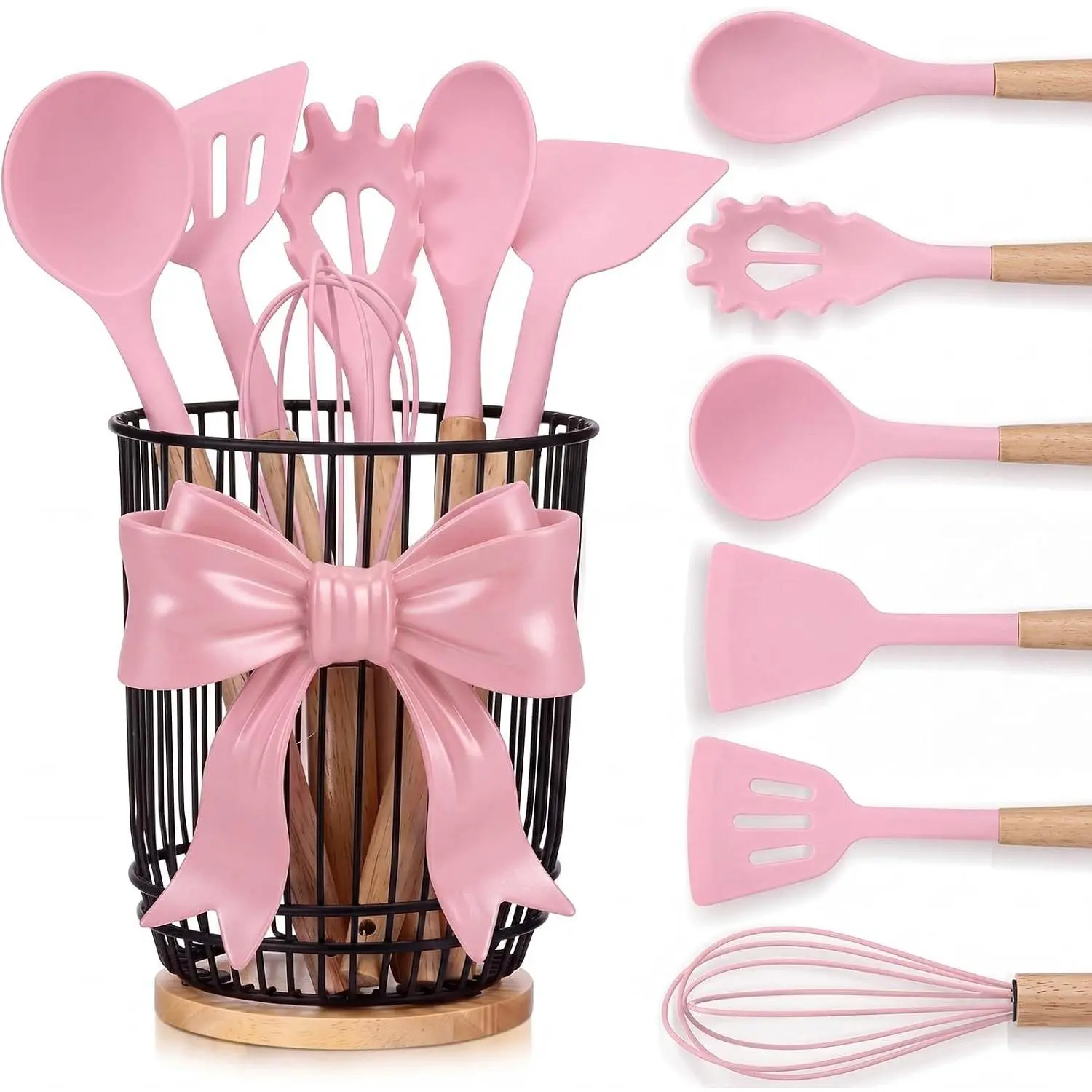 7 Pcs Pink Kitchen Accessories Pink Kitchen Utensils Silicone Cooking Utensils Set with Wire Bow Basket Organizer Heat Resistant Tools with Wooden Handles for Cooking Baking