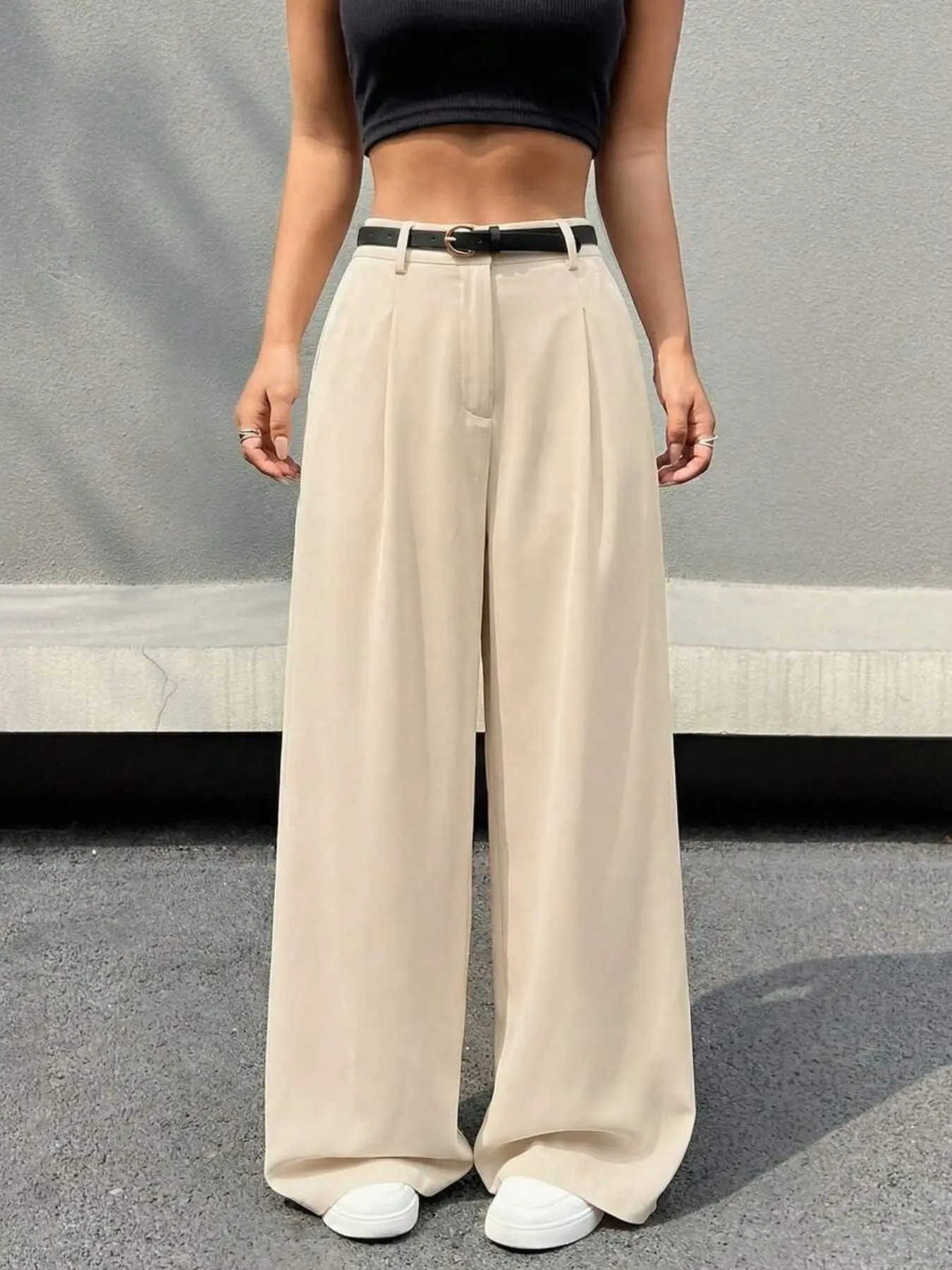 Women's Solid Color Pleated Pocket Wide Leg Pants, Elegant Casual Long Pants, Suitable for Office Business, Four Seasons Wear Bottoms