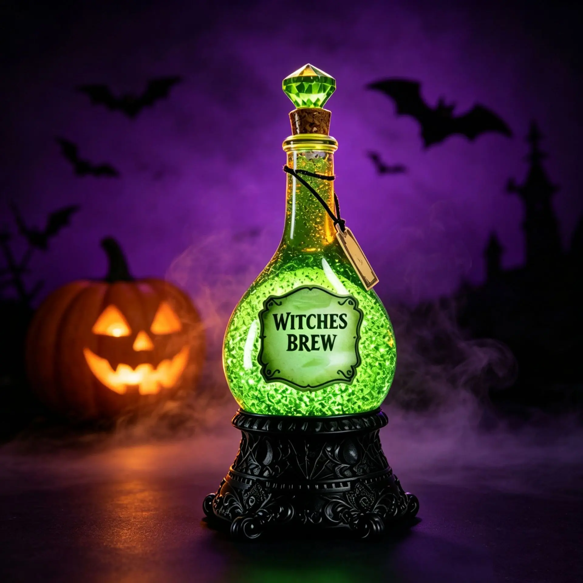 Halloween resin witch brewing LED glowing potion bottle ornament, glitter green glowing magic glass bottle with carved base, spooky desktop atmosphere decoration, suitable for Halloween parties, fireplace shelves, indoor Gothic witch-style home decoration